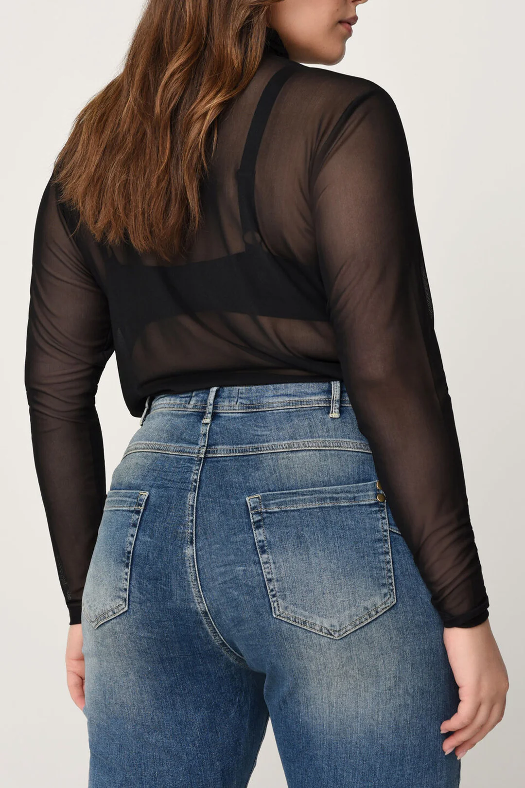 Plus Size Solid Mesh Sheer Long Sleeve Top - Image 2
