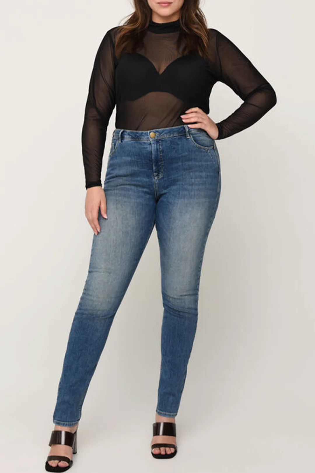 Plus Size Solid Mesh Sheer Long Sleeve Top - Image 3