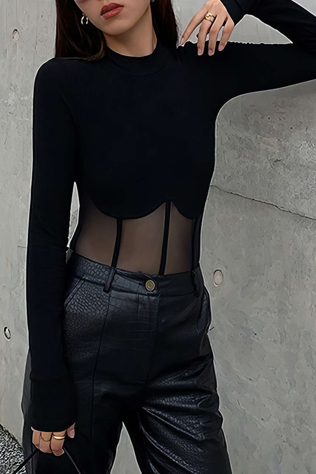 Mesh Patchwork Corset Round Neck Long-Sleeve Top - Image 2