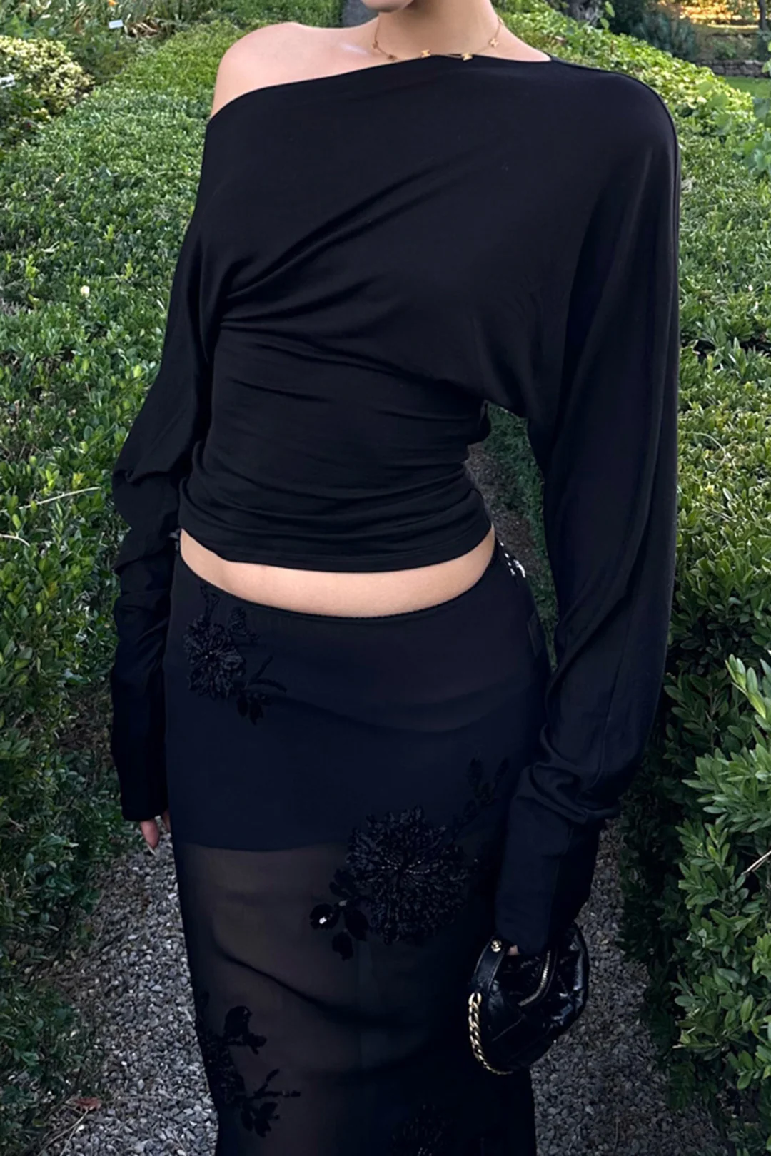 Cut Out Asymmetrical Neck Ruched Long-Sleeve Top - Image 5