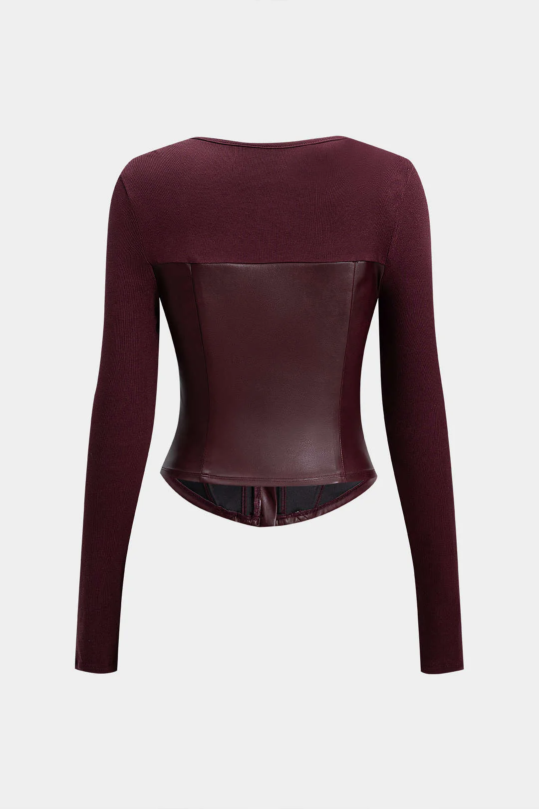 Faux Leather Zipper Patchwork Long-Sleeve Top - Image 2