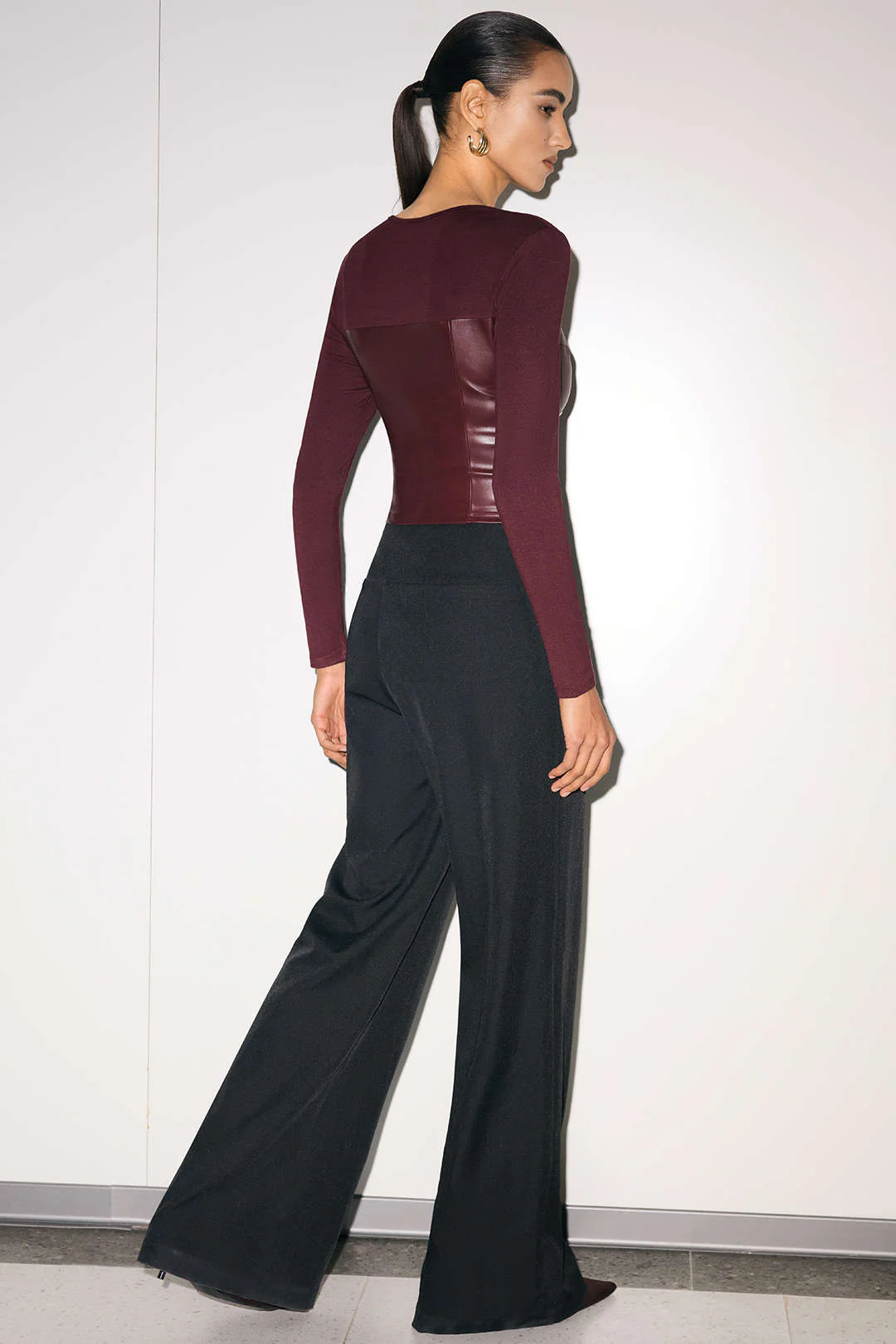 Faux Leather Zipper Patchwork Long-Sleeve Top - Image 7
