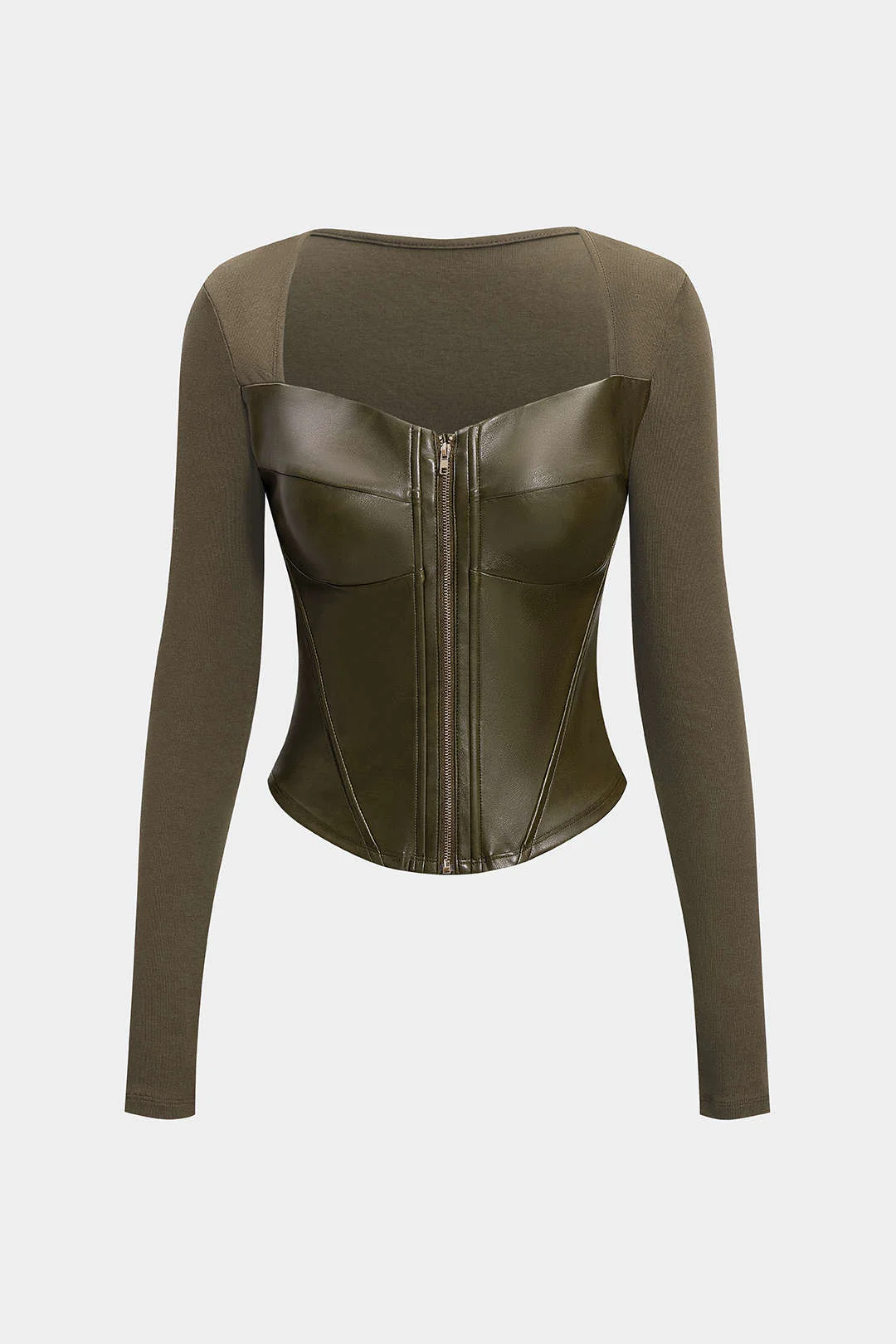 Faux Leather Zipper Patchwork Long-Sleeve Top - Image 8