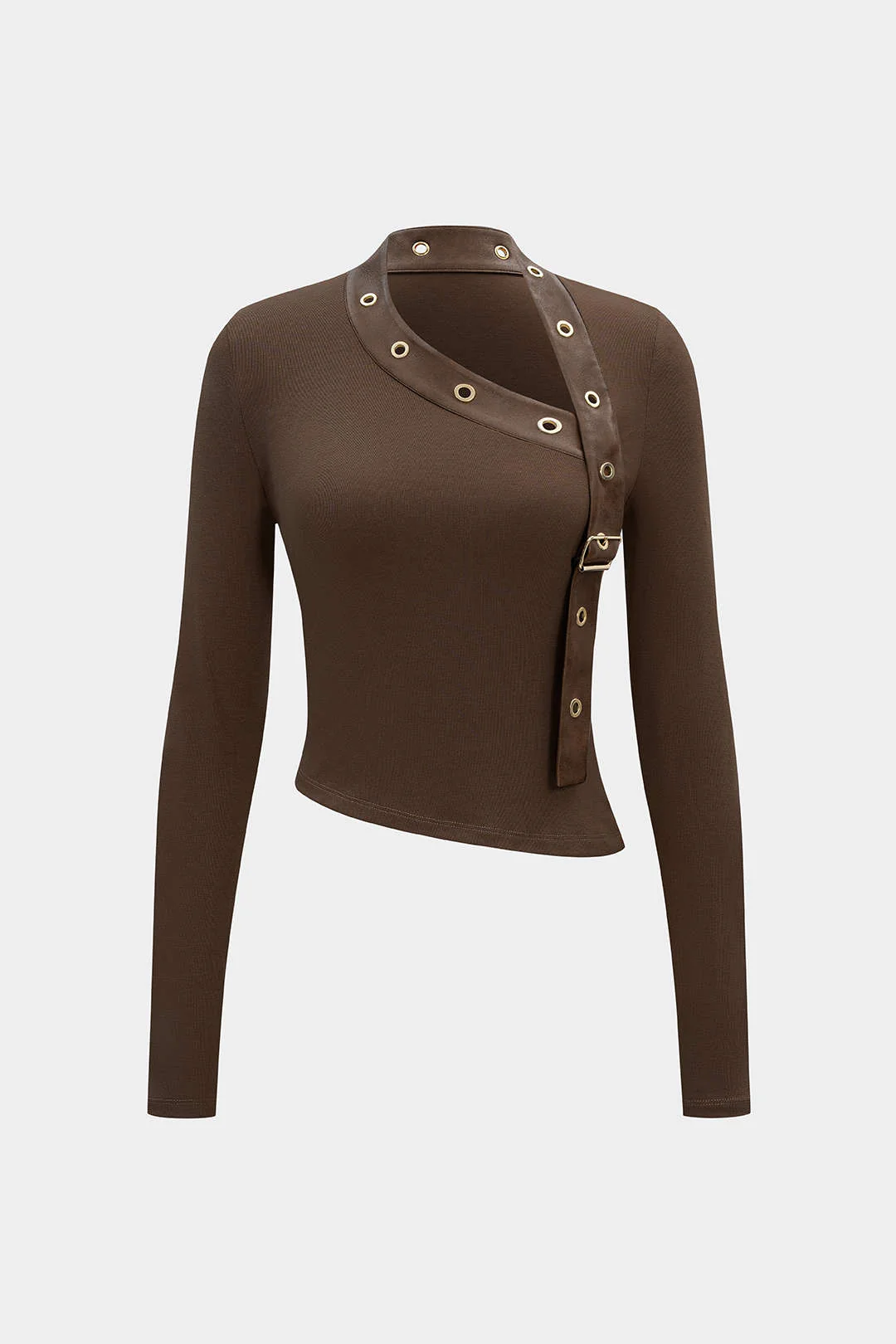 Faux Leather Metallic Asymmetrical Long-Sleeve Top - Image 4
