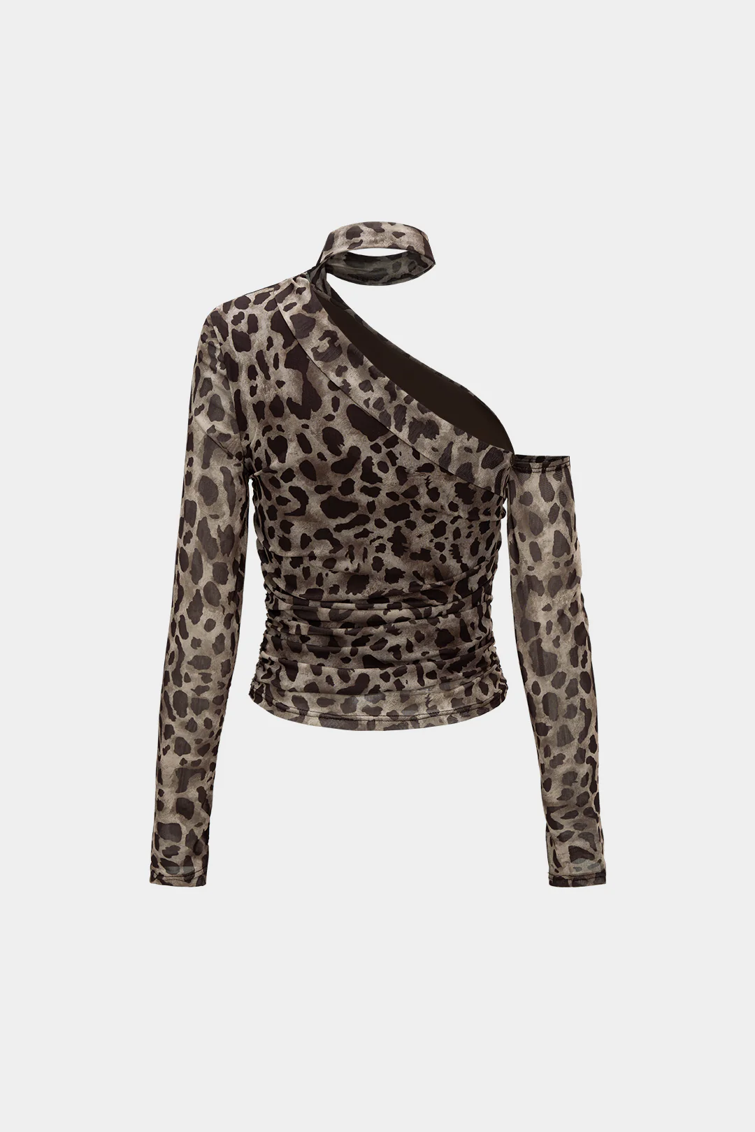 Mesh Leopard Print Asymmetrical Long-Sleeve Top - Image 2