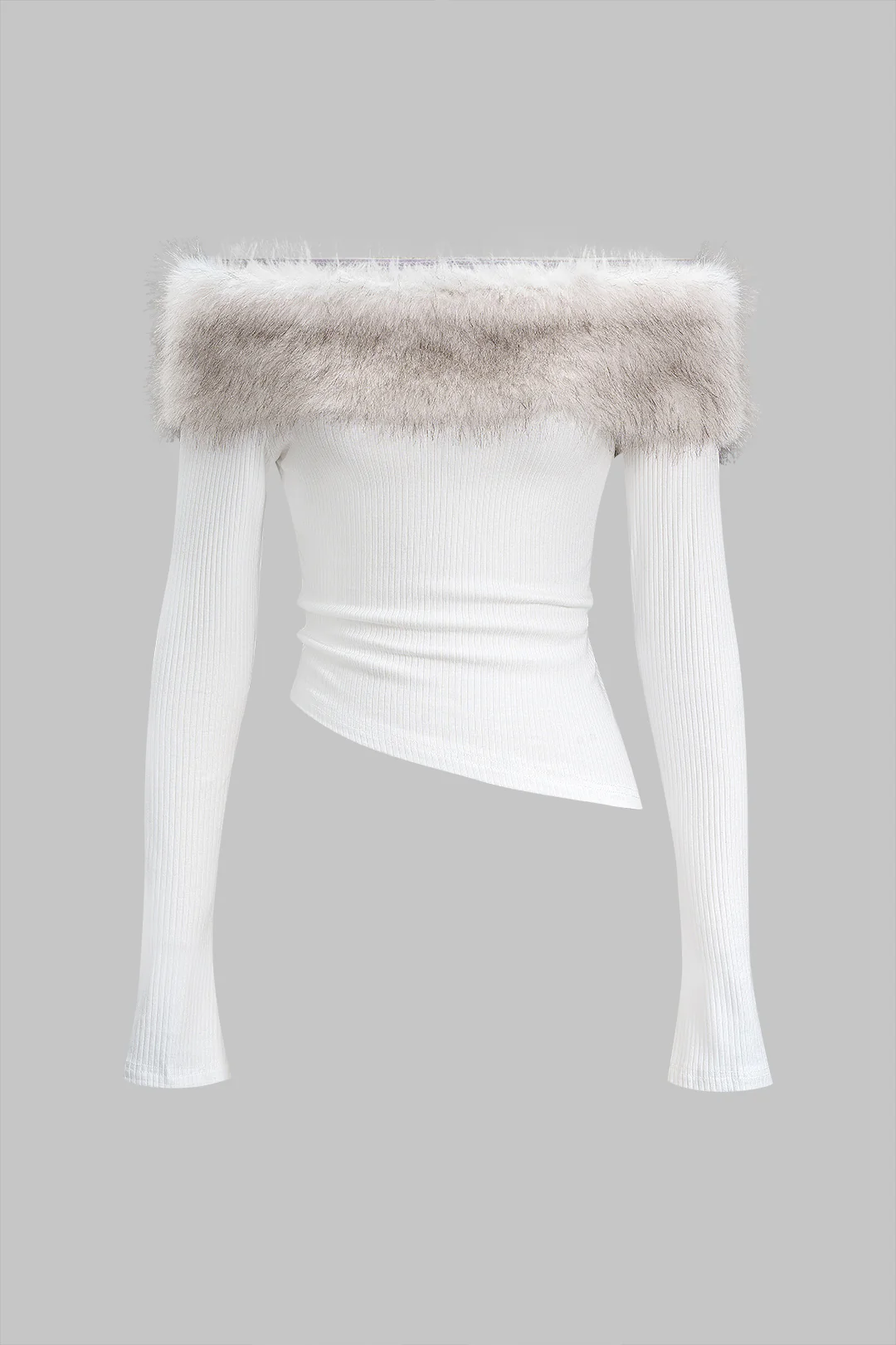 Faux Fur Patchwork Off-Shoulder Long-Sleeve Top
