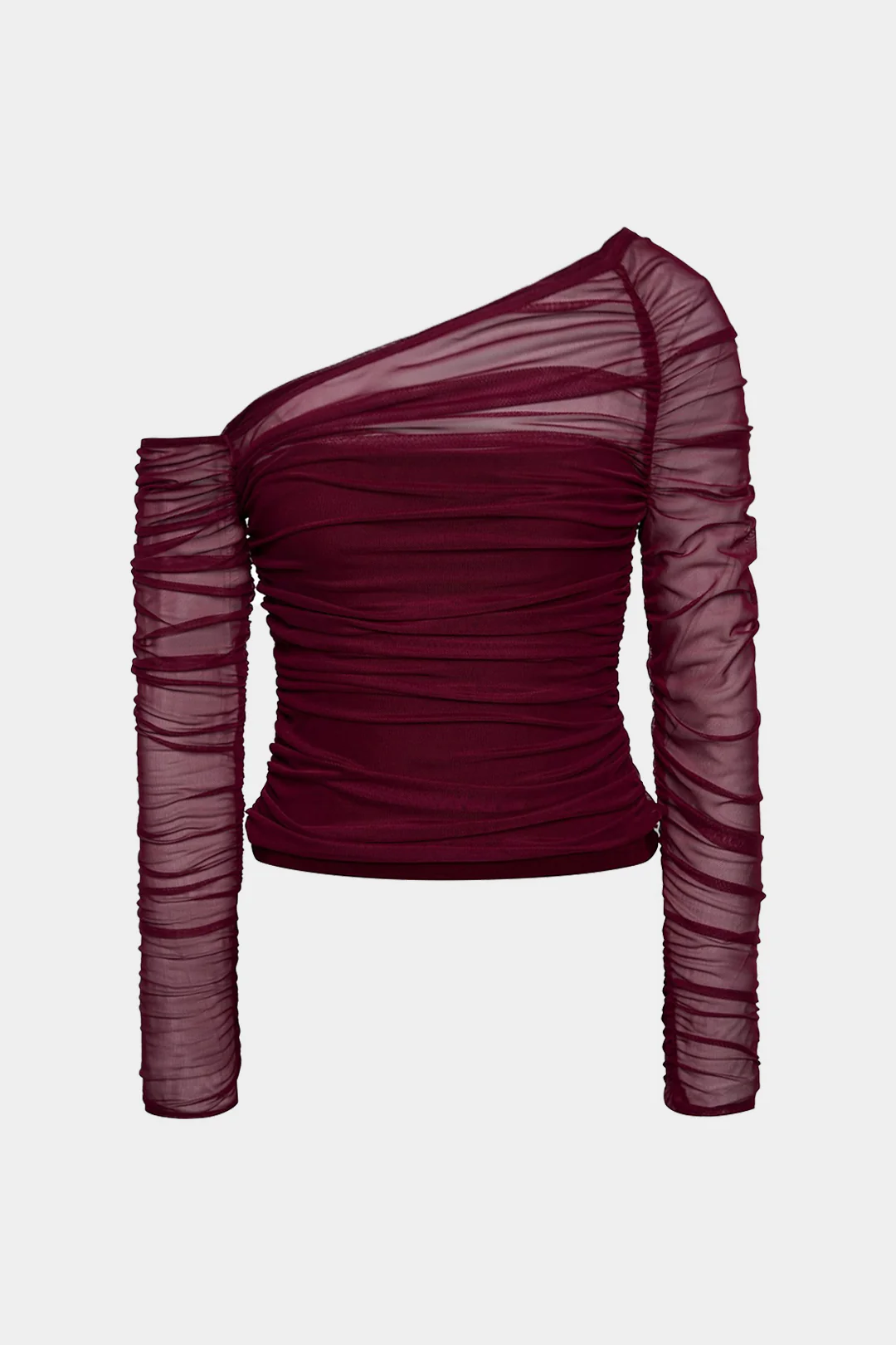 Mesh One-Shoulder Ruched Long-Sleeve Top - Image 2
