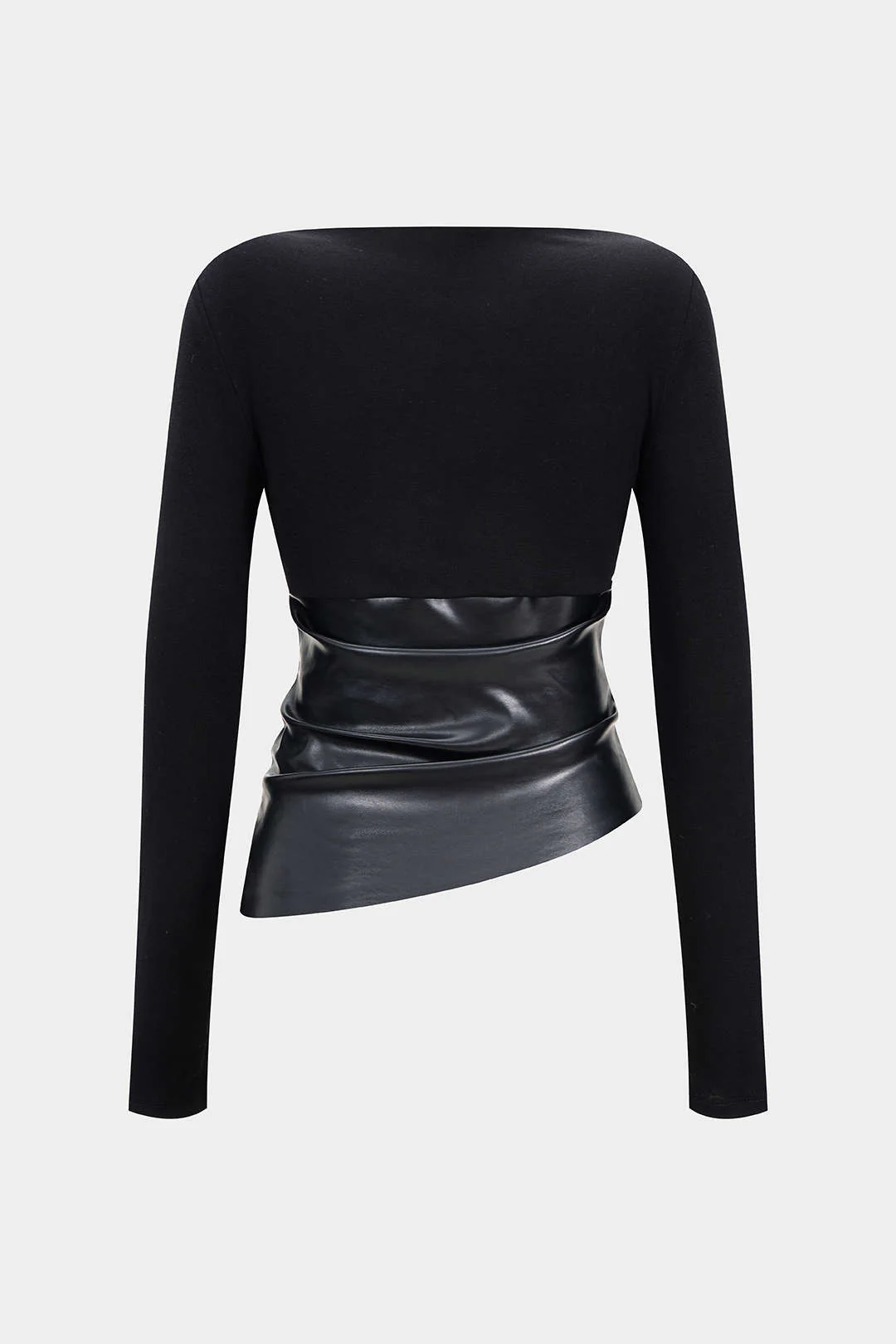Faux Leather Patchwork Ruched Long-Sleeve Top - Image 2