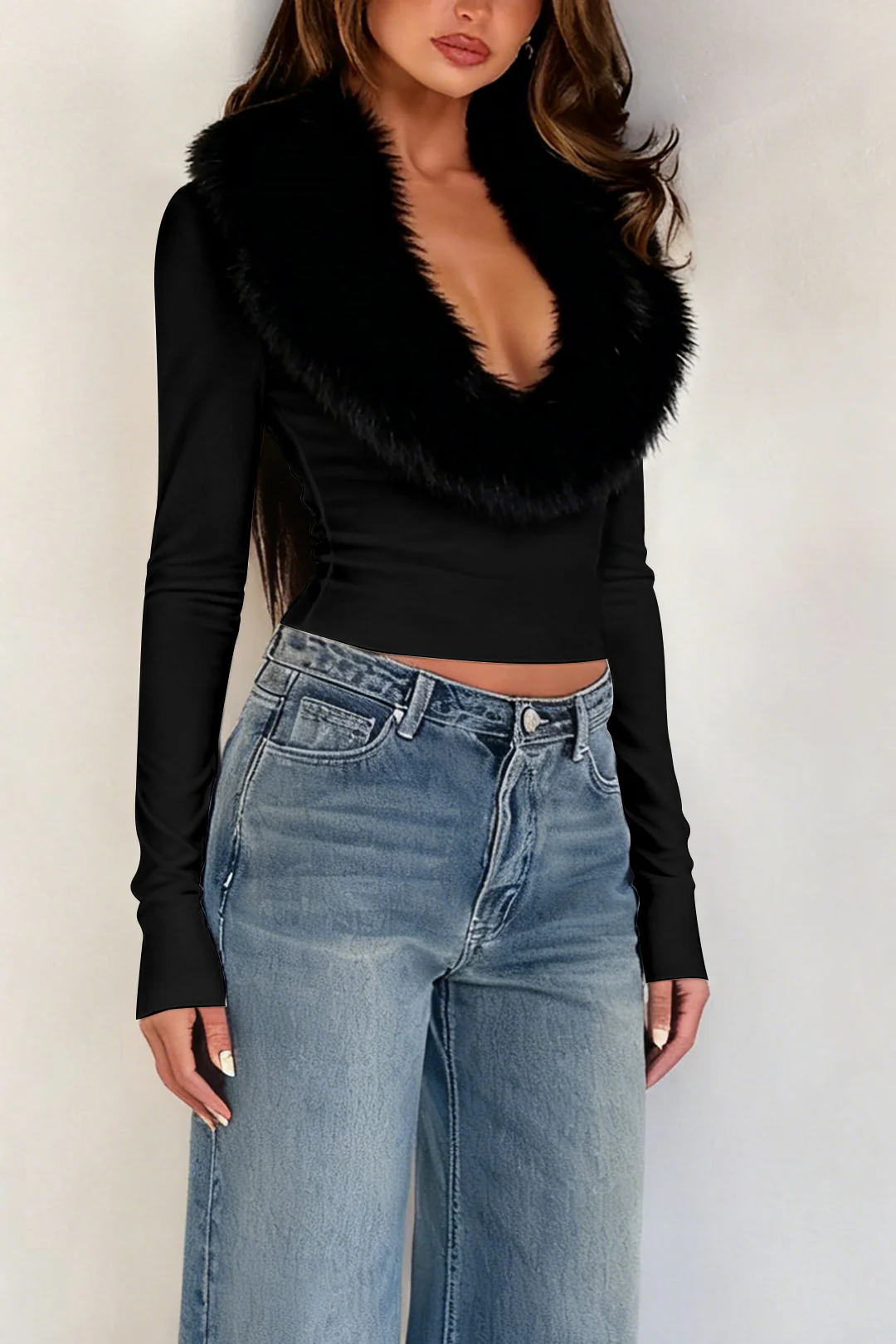 Patchwork Faux Fur Collar Long-Sleeve Top - Image 9