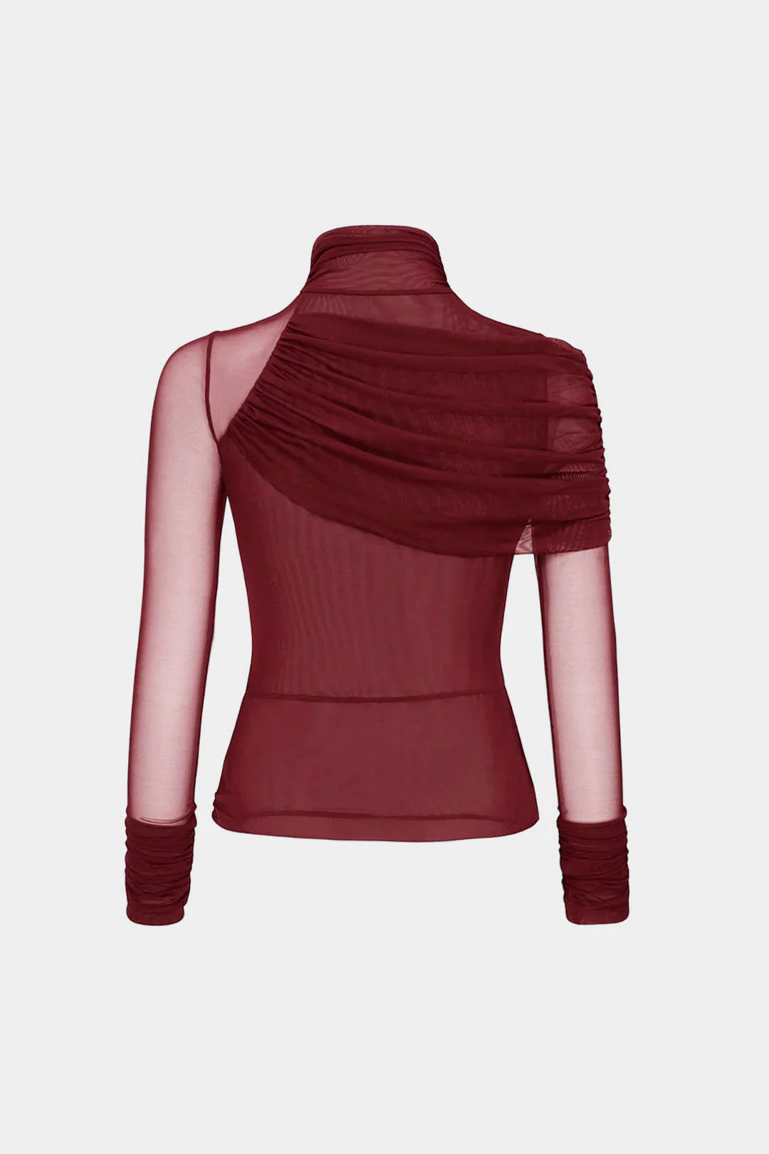 Mesh Mock Neck Ruched Asymmetrical Long-Sleeve Top - Image 2
