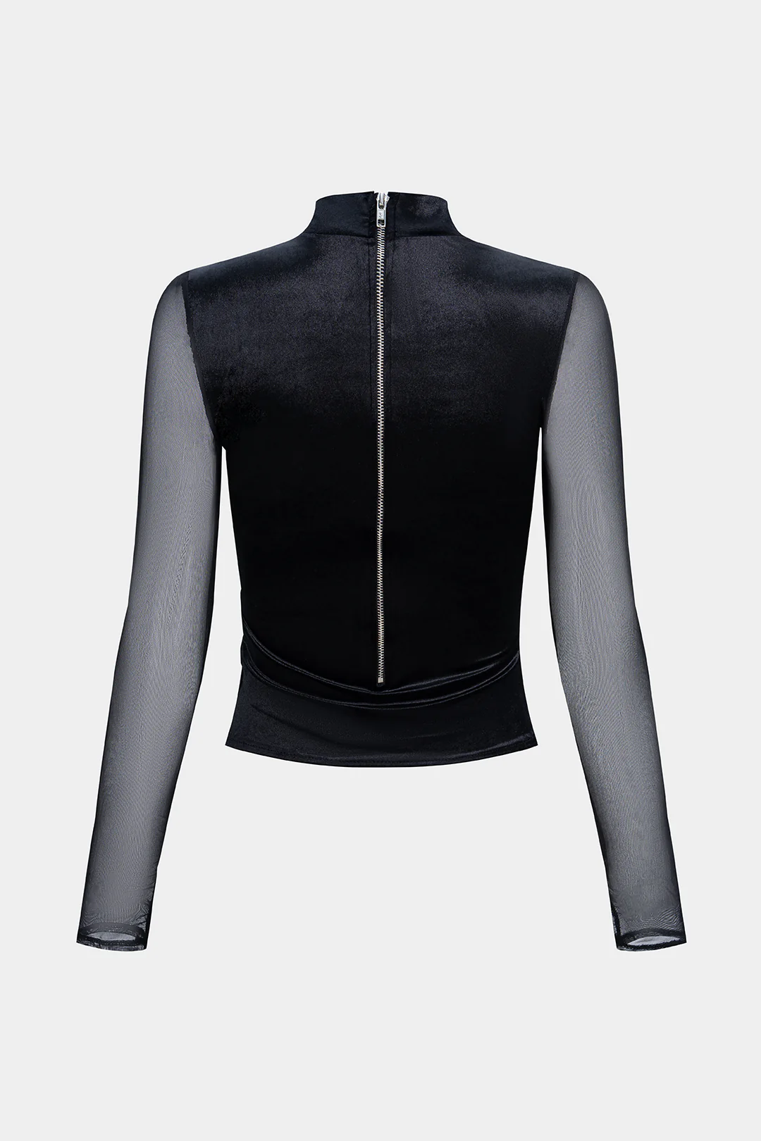 Mesh Patchwork Velvet Mock Neck Asymmetrical Cut Out Long-Sleeve Top - Image 2