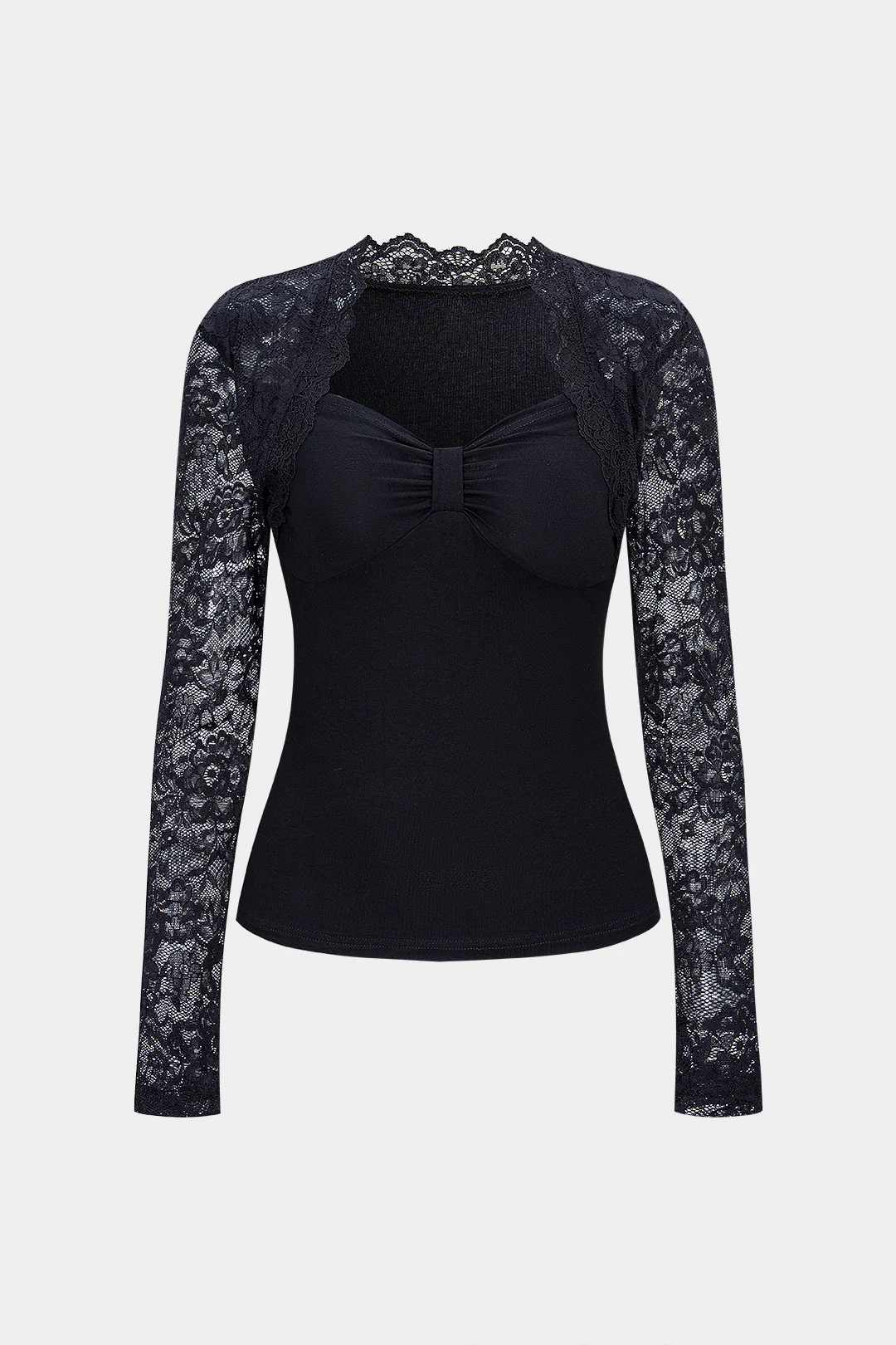 Lace Patchwork Ruched Long-Sleeve Top