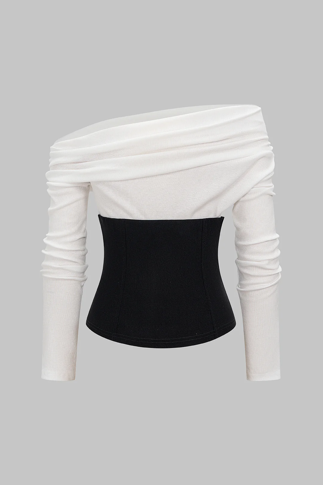 Contrast Patchwork Off Shoulder Long-Sleeve Top - Image 2