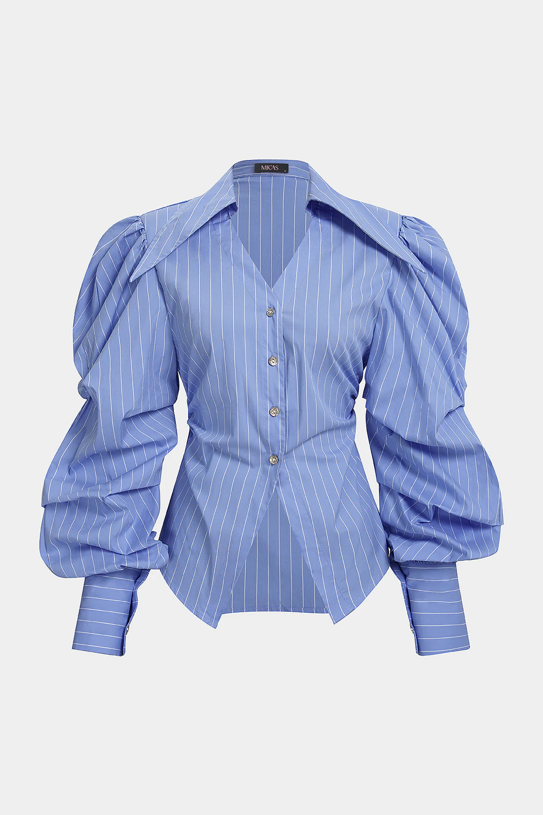 Striped V-Neck Ruched Button Long-Sleeve Top - Image 2