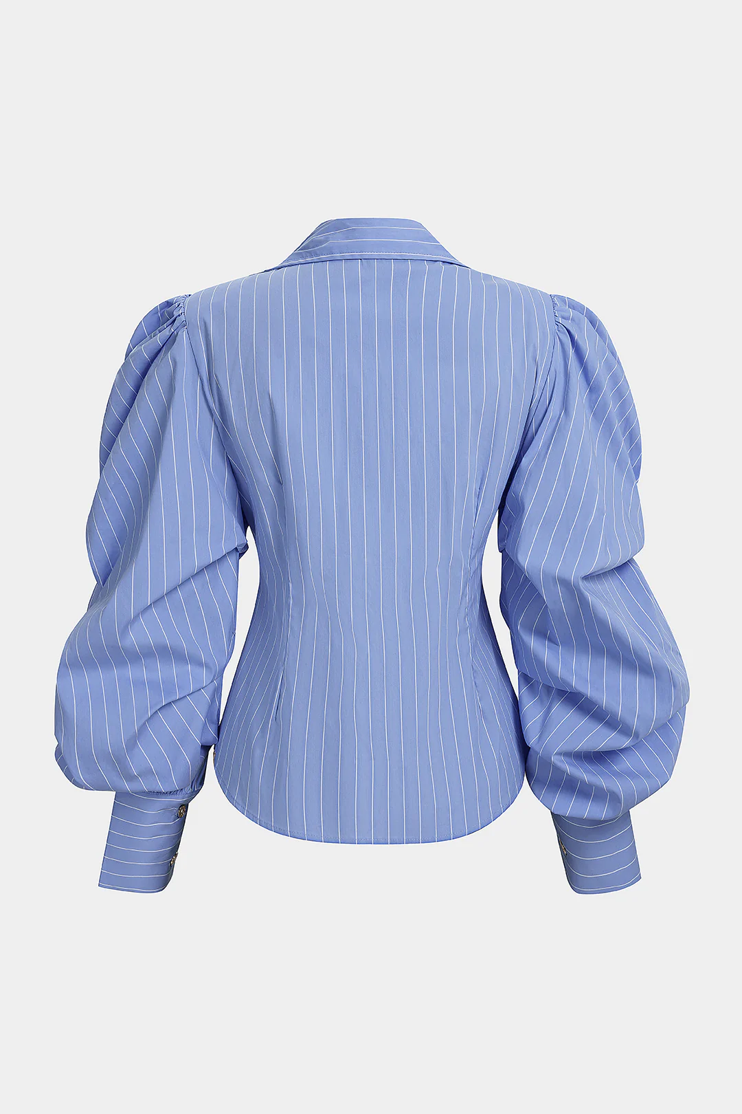 Striped V-Neck Ruched Button Long-Sleeve Top - Image 3