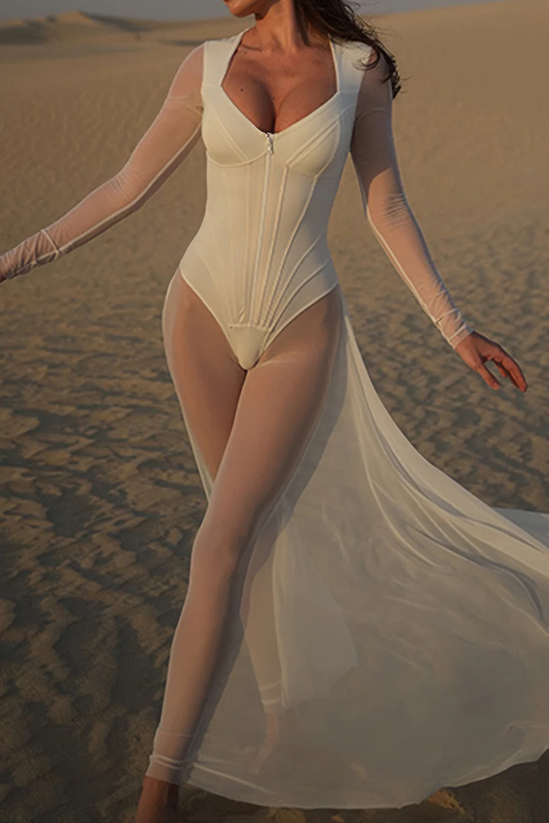 Mesh Sheer Zipper Bustier Corset Long Sleeve Jumpsuit - Image 4