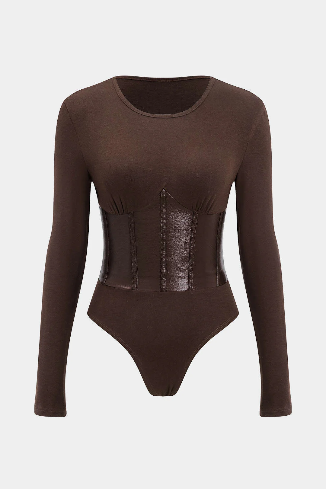 Patchwork Faux Leather Long Sleeve Bodysuit - Image 11