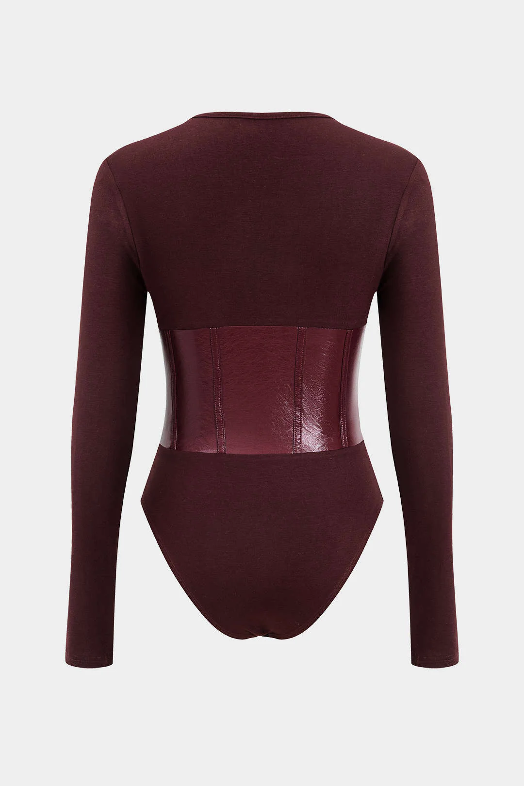 Patchwork Faux Leather Long Sleeve Bodysuit - Image 2