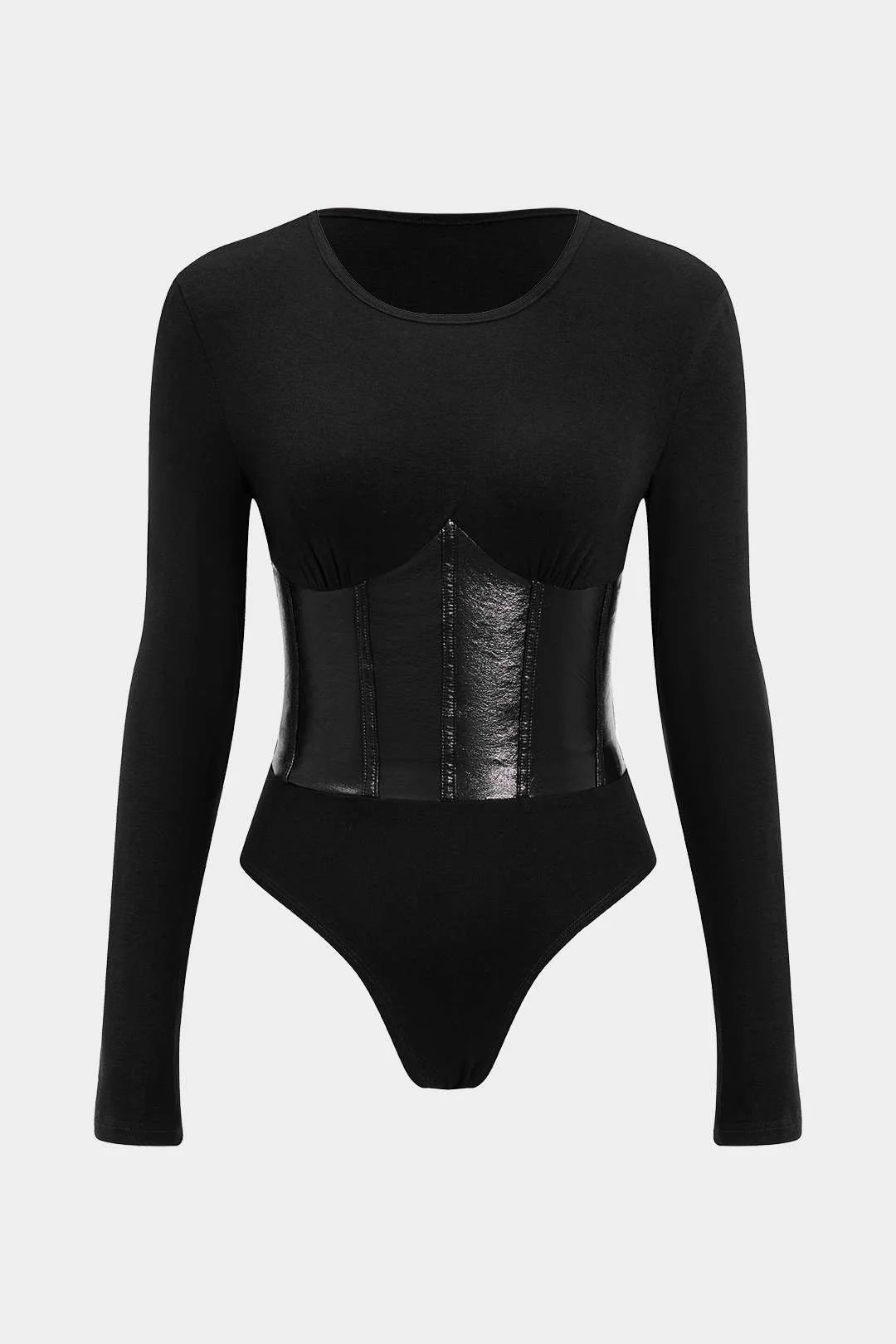 Patchwork Faux Leather Long Sleeve Bodysuit - Image 9