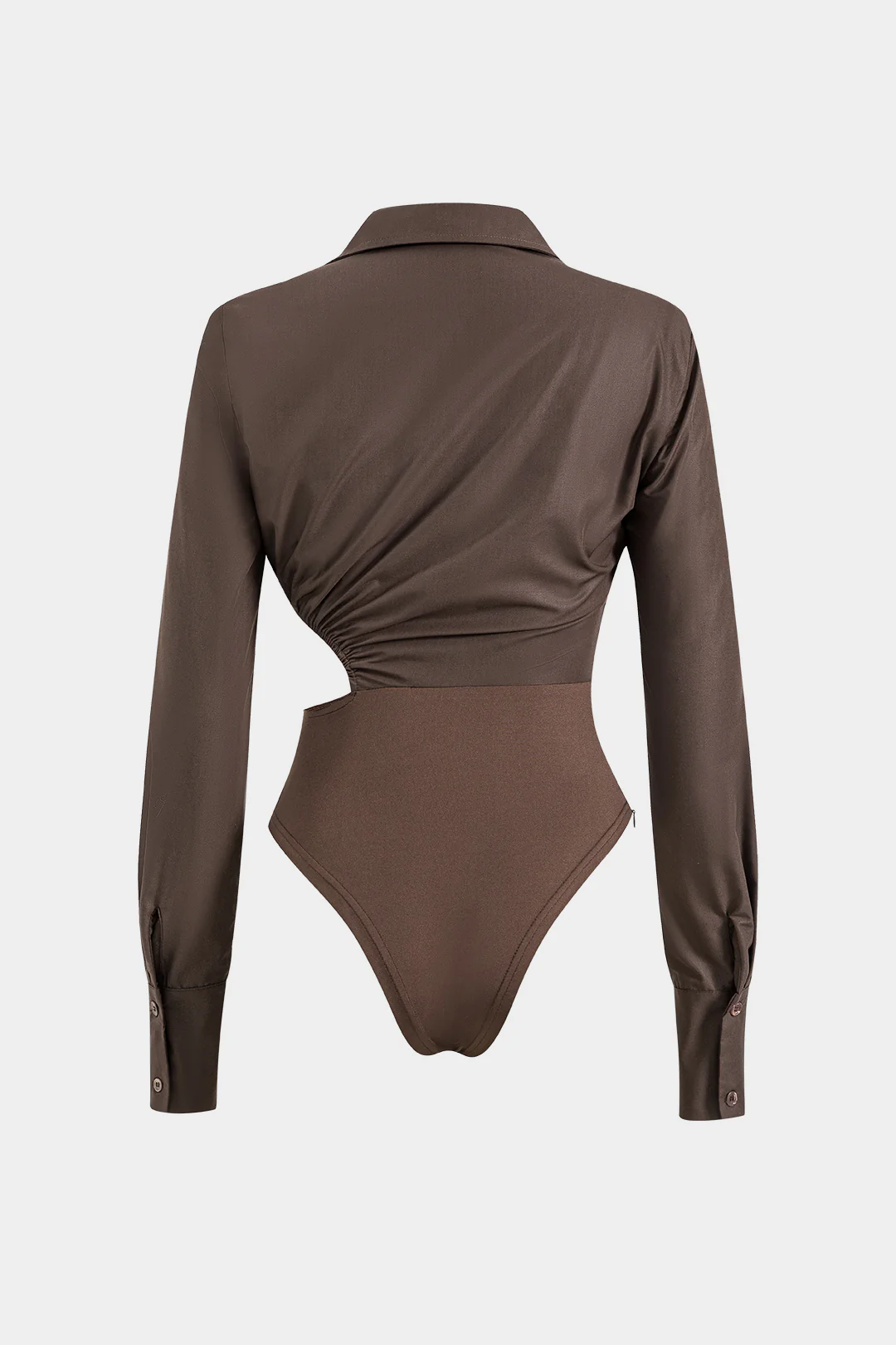 Asymmetry Patchwork Ruched Cut Out Long Sleeve Bodysuit - Image 2