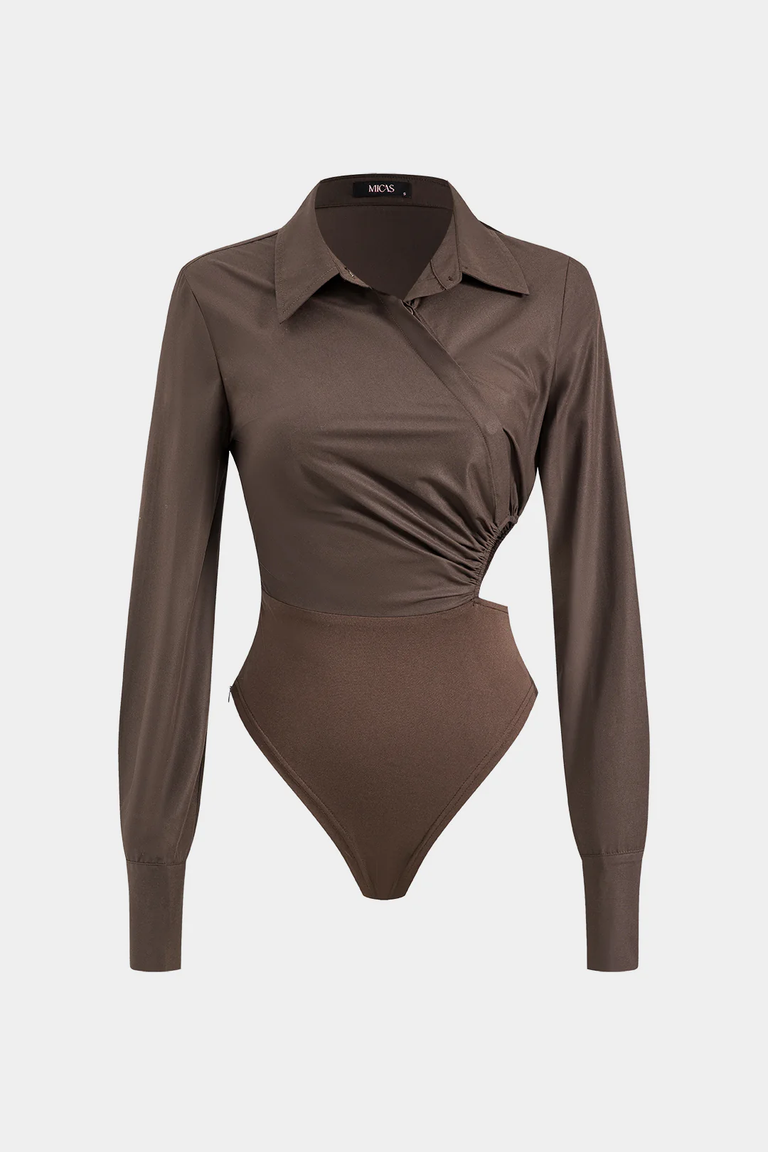 Asymmetry Patchwork Ruched Cut Out Long Sleeve Bodysuit - Image 3
