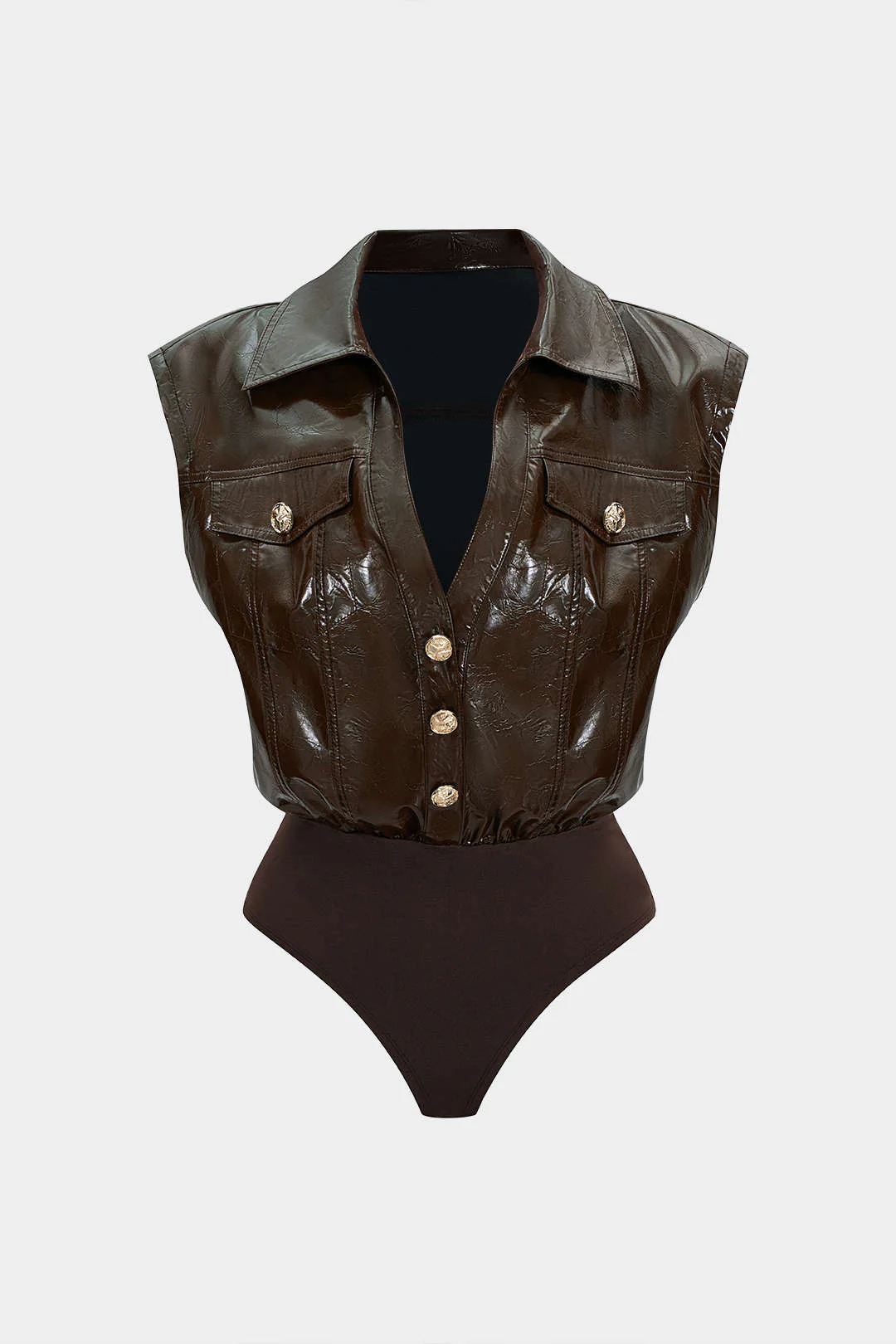 Faux Leather Button Patchwork Tank Sleeveless Bodysuit - Image 10