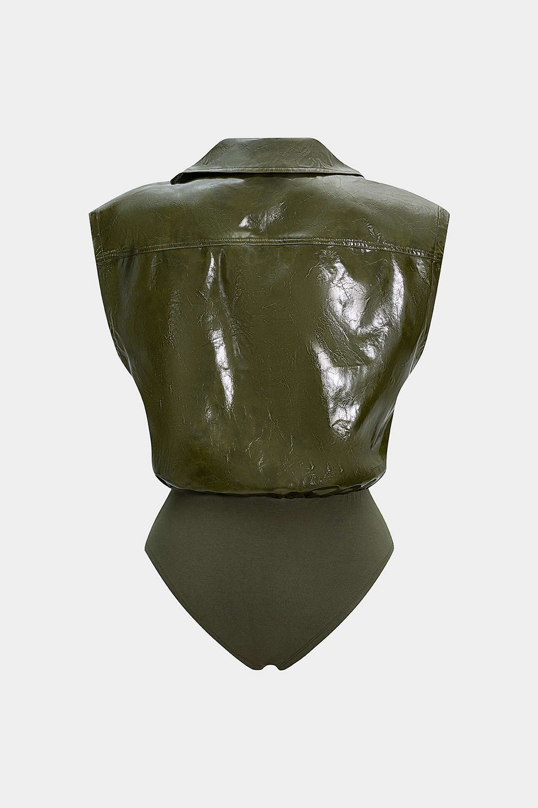 Faux Leather Button Patchwork Tank Sleeveless Bodysuit - Image 2