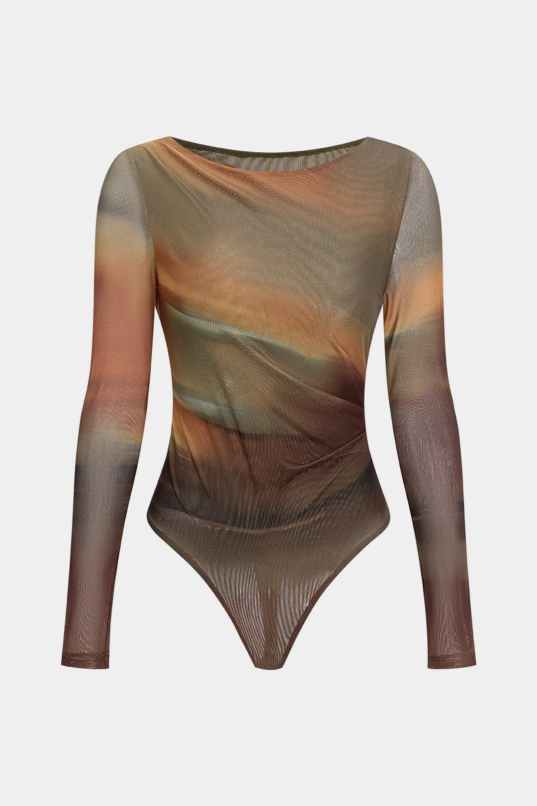 Ombre Print Mesh Ruched Boat Neck Long Sleeve Bodysuit