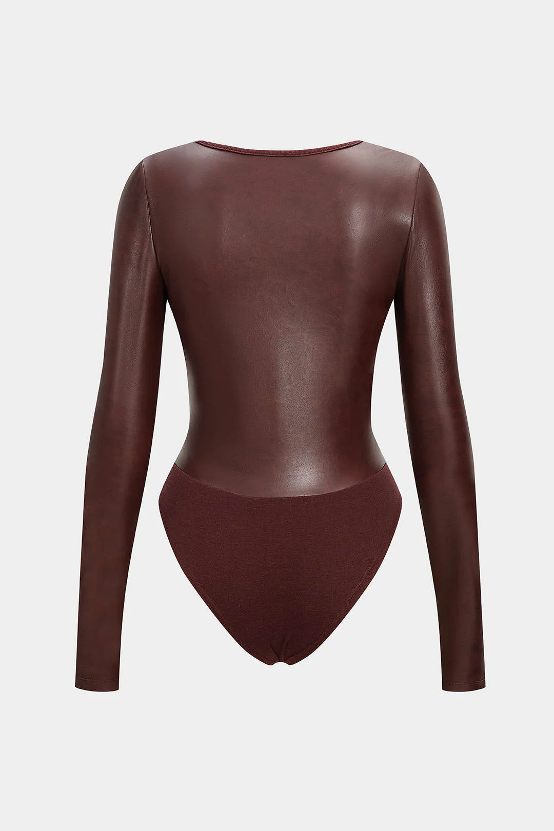 Faux Leather Patchwork Round Neck Long Sleeve Bodysuit - Image 2