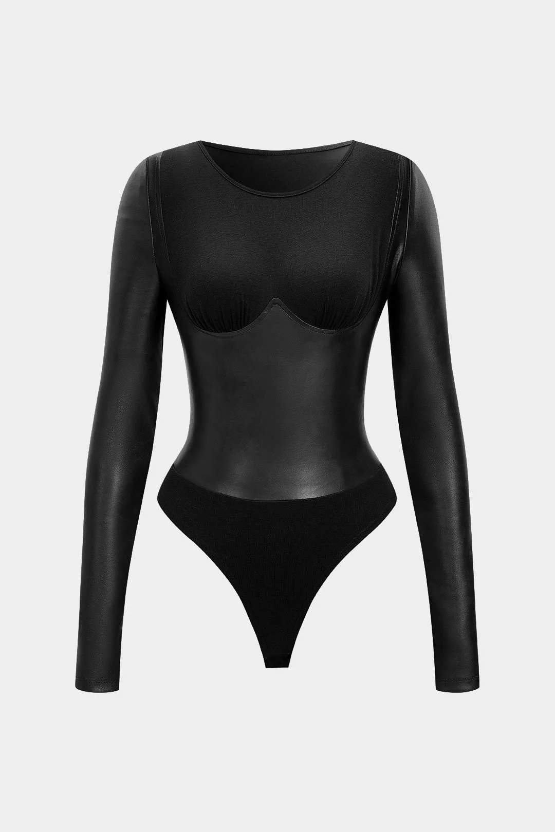 Faux Leather Patchwork Round Neck Long Sleeve Bodysuit - Image 5