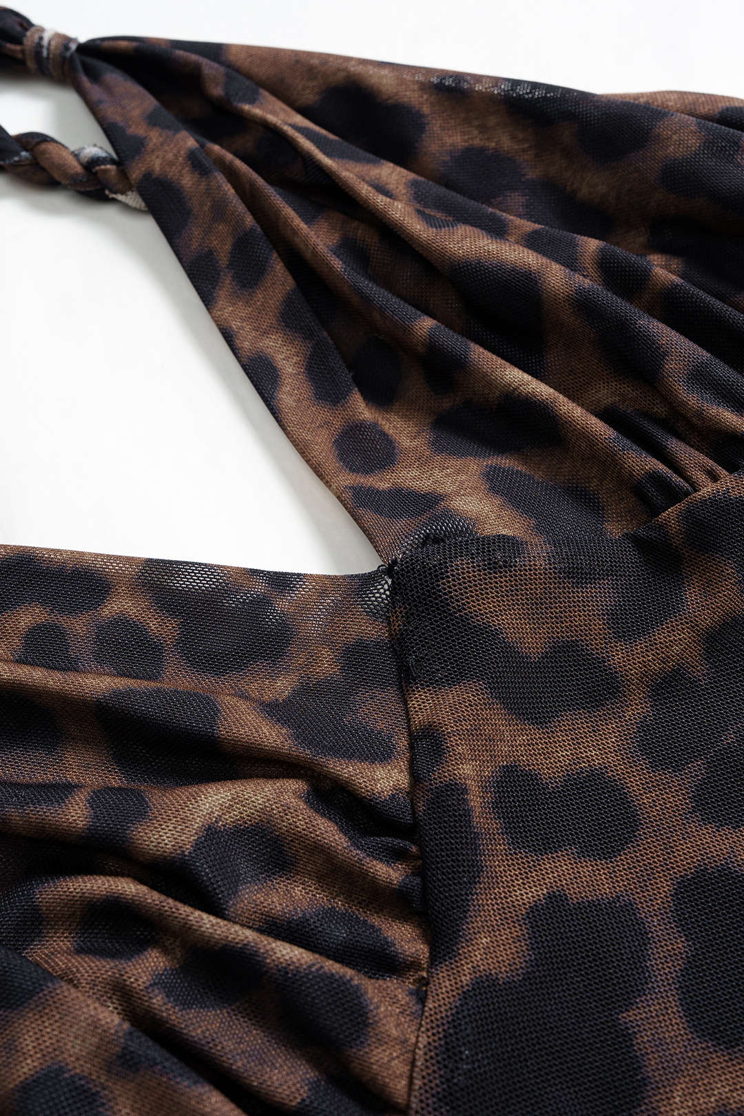 Leopard Print Mesh  V-Neck Ruched Twist Knot Slip Sleeveless Bodysuit - Image 3