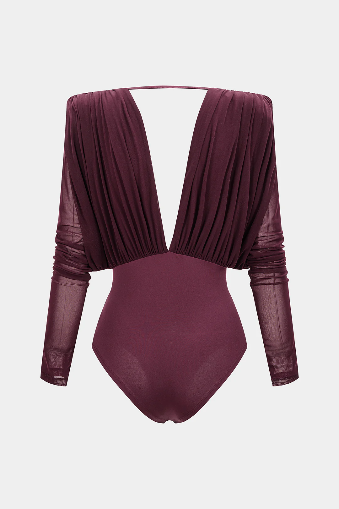 Mesh Ruched V-Neck Long Sleeve Bodysuit - Image 2