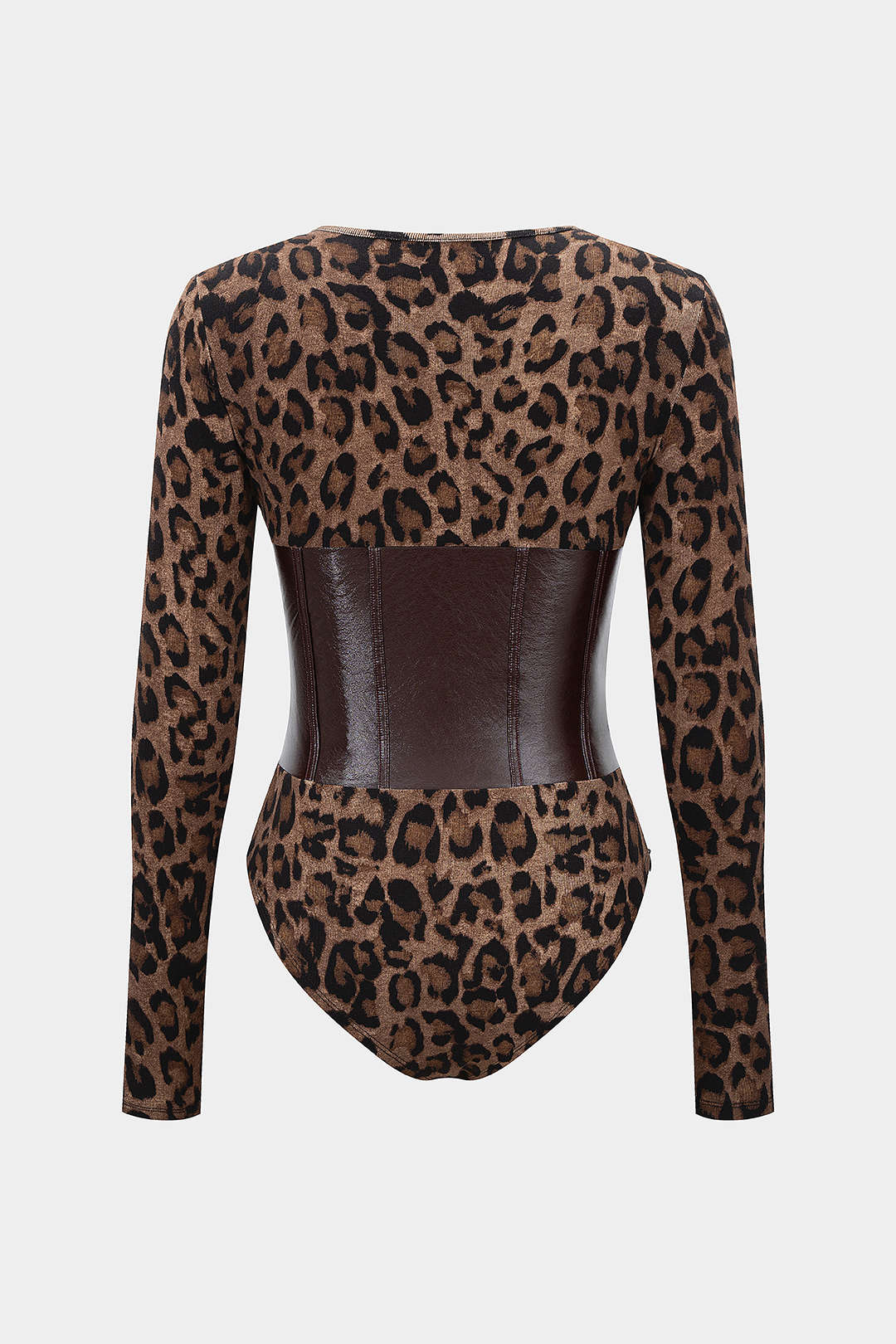 Leopard Print Faux Leather Patchwork Long-Sleeve Bodysuit - Image 2
