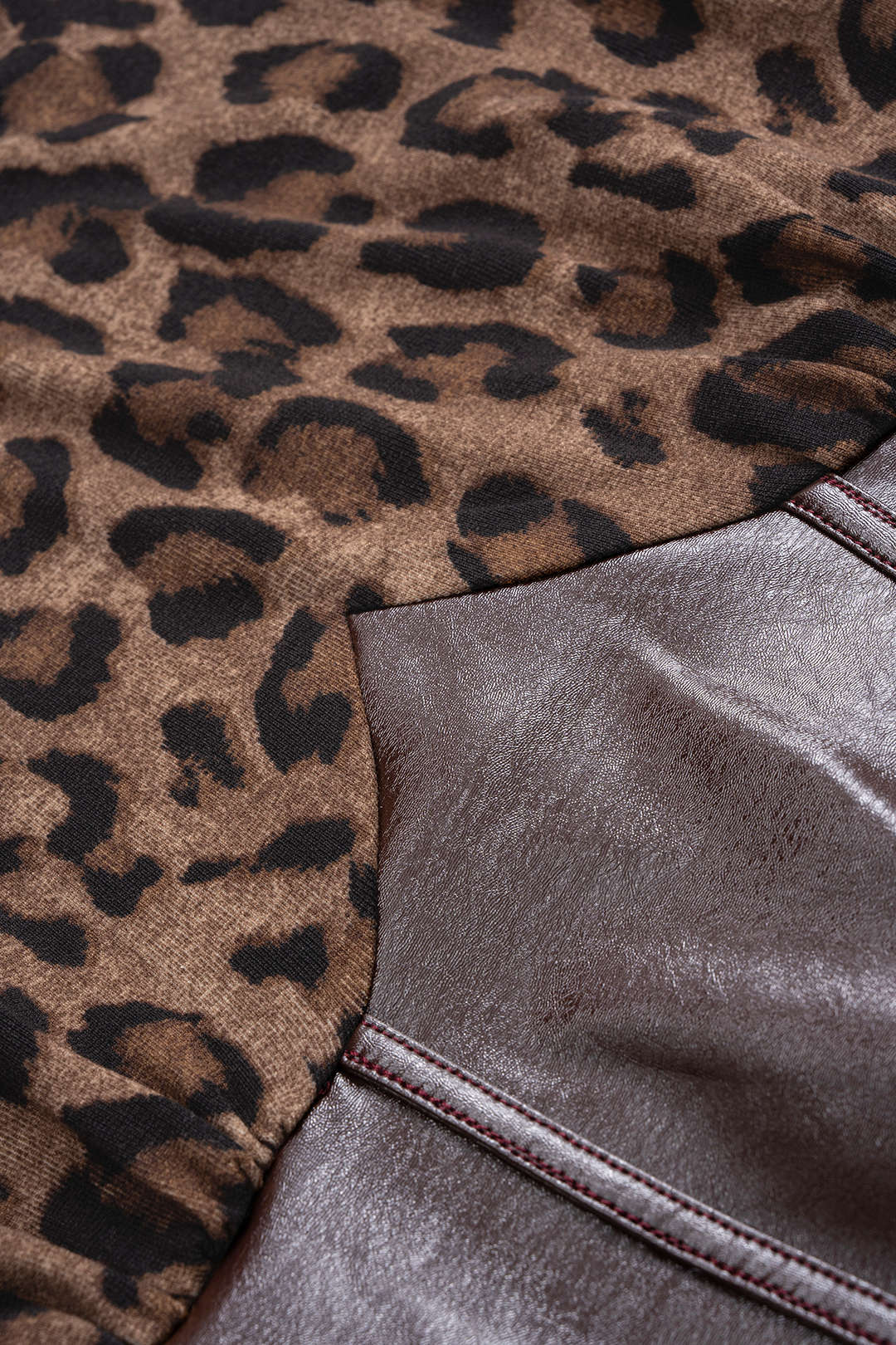 Leopard Print Faux Leather Patchwork Long-Sleeve Bodysuit - Image 3