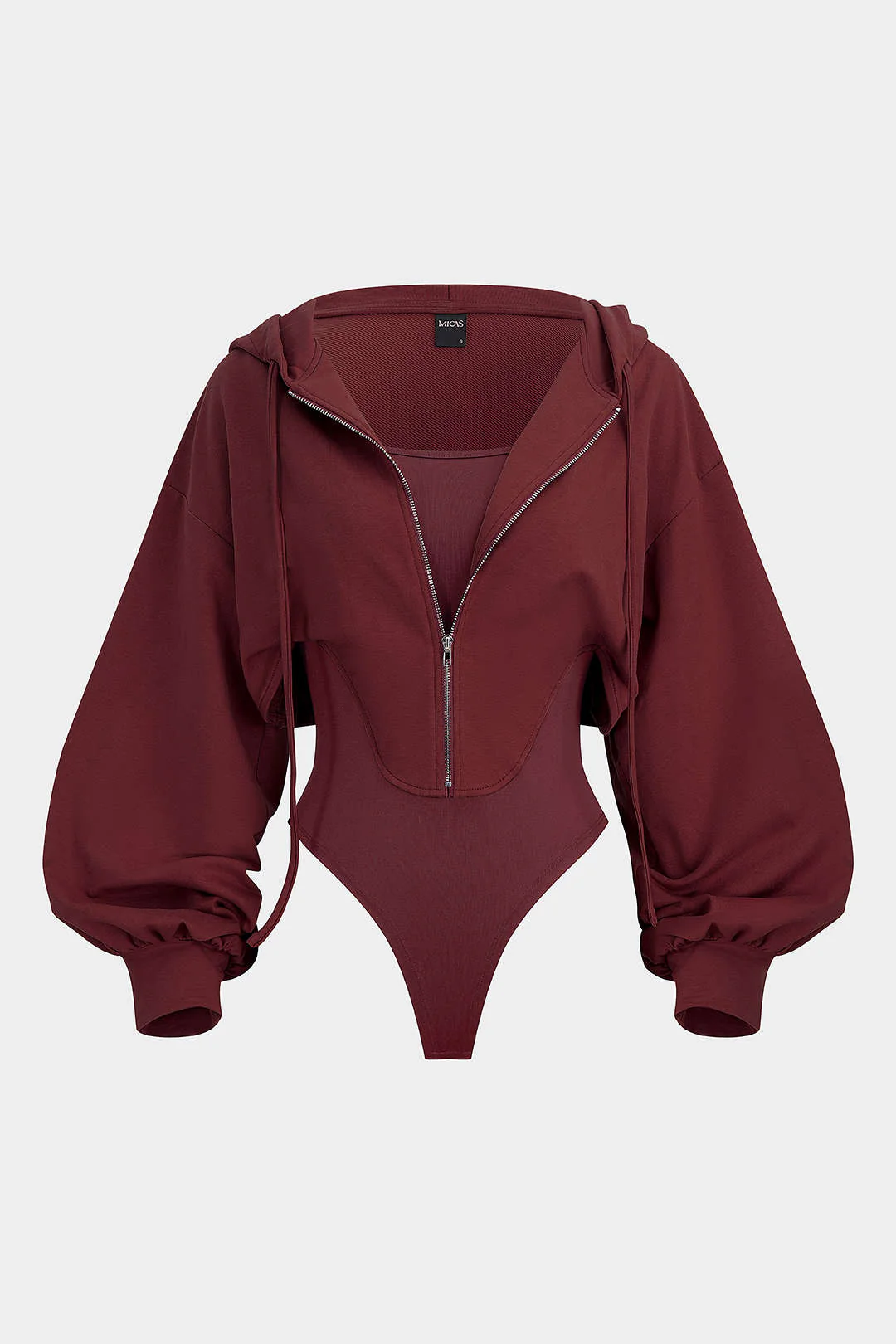 Contrast Hooded Zipper Drawstrings Long-Sleeve Bodysuit - Image 5