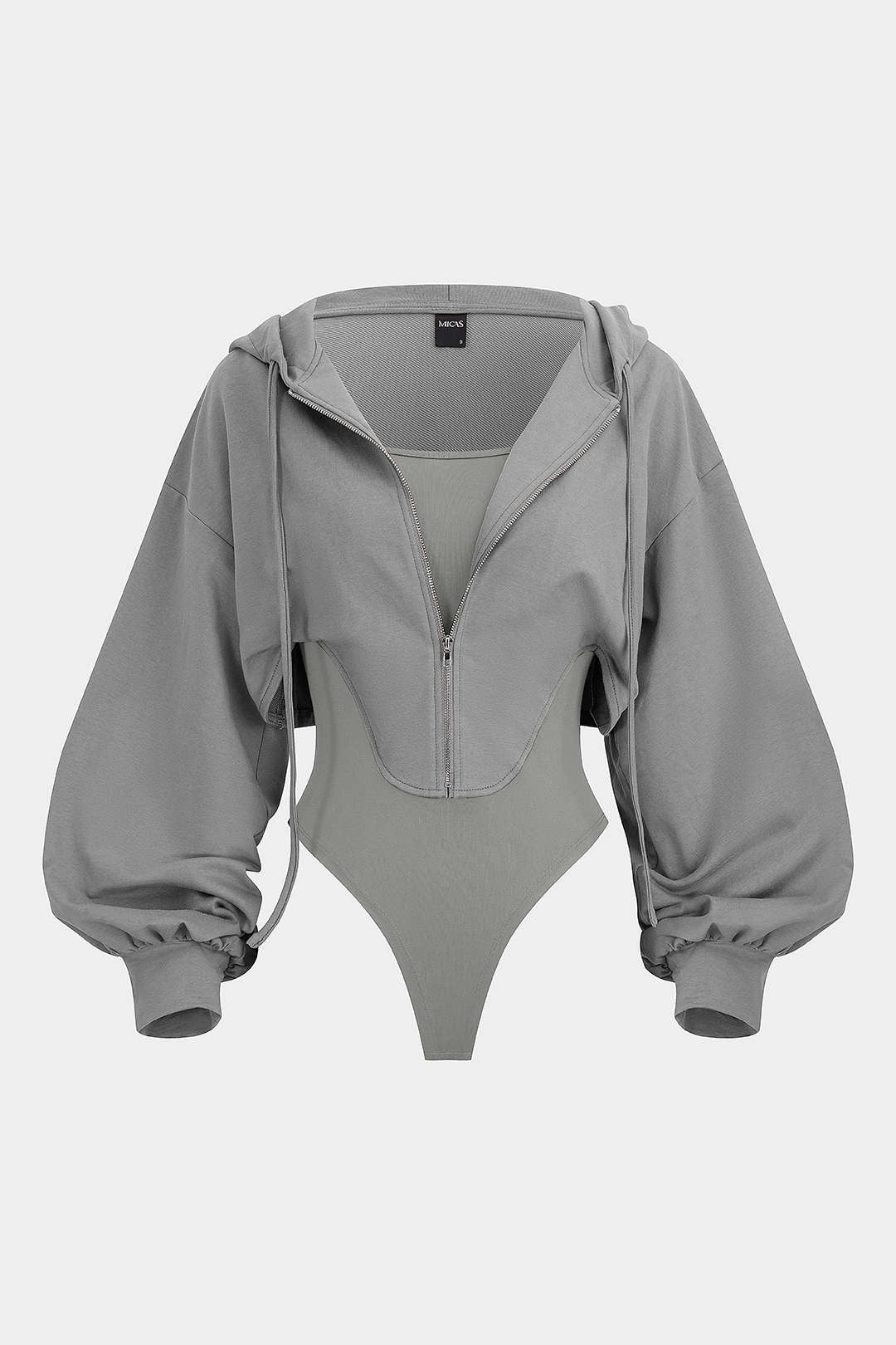 Contrast Hooded Zipper Drawstrings Long-Sleeve Bodysuit - Image 6