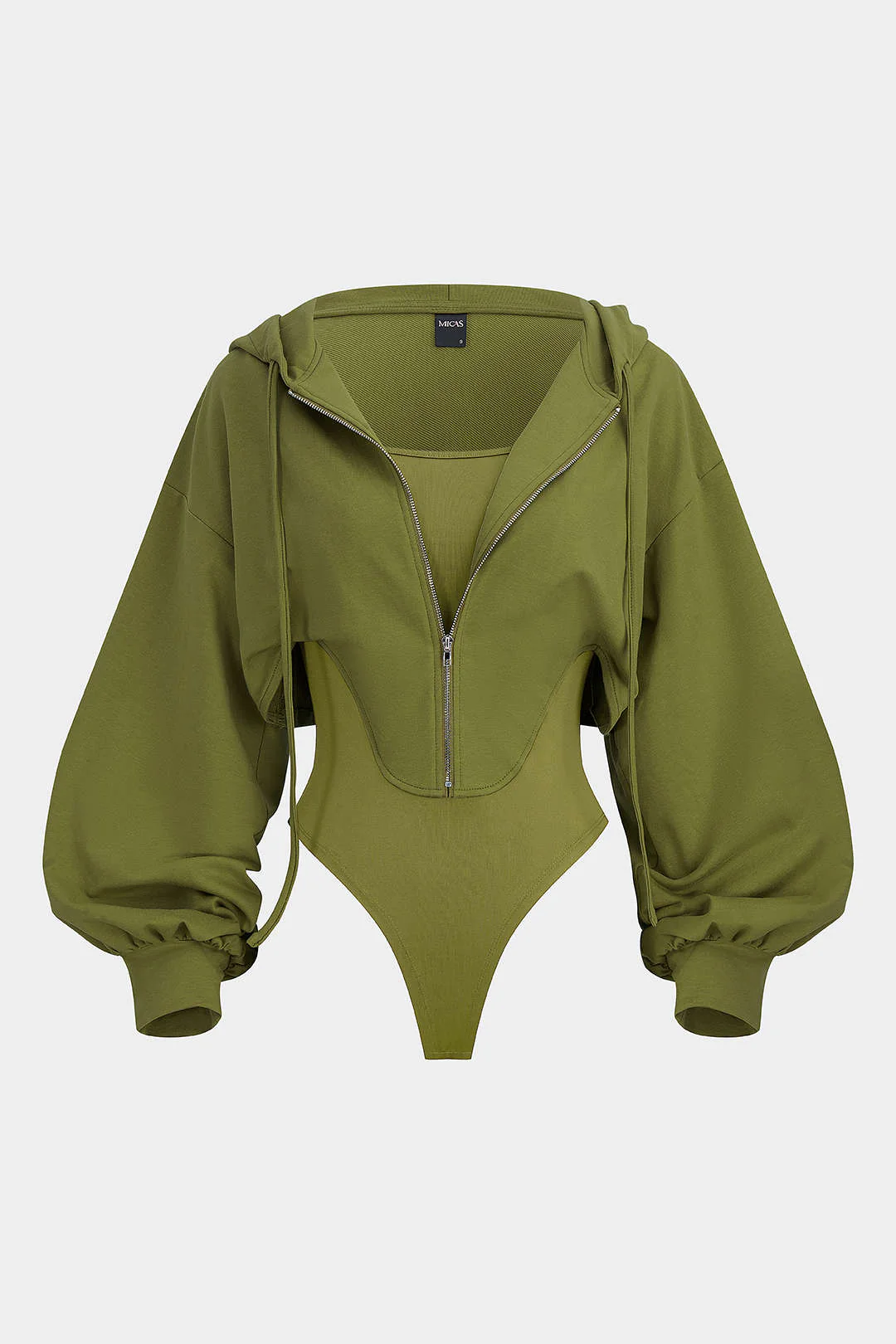 Contrast Hooded Zipper Drawstrings Long-Sleeve Bodysuit - Image 7