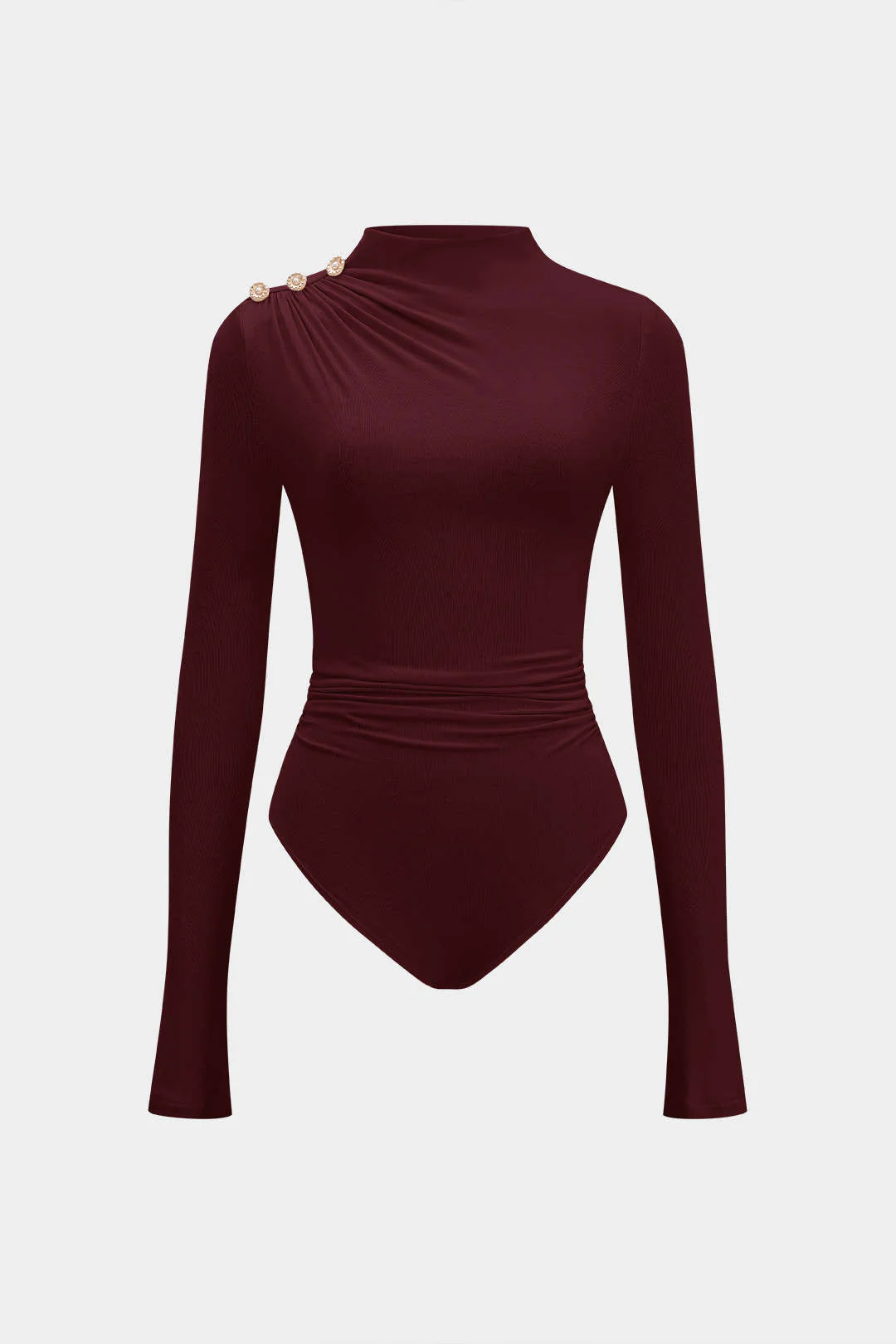 Asymmetrical Button Ruched Long Sleeve Bodysuit - Image 10