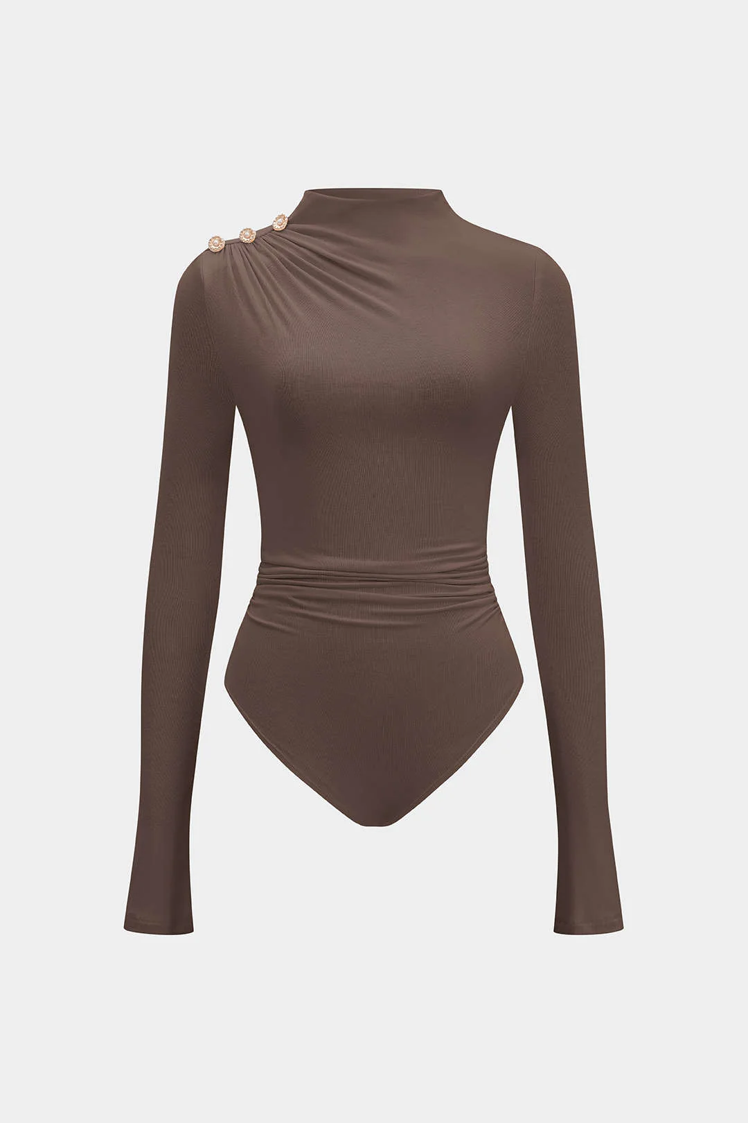 Asymmetrical Button Ruched Long Sleeve Bodysuit - Image 12