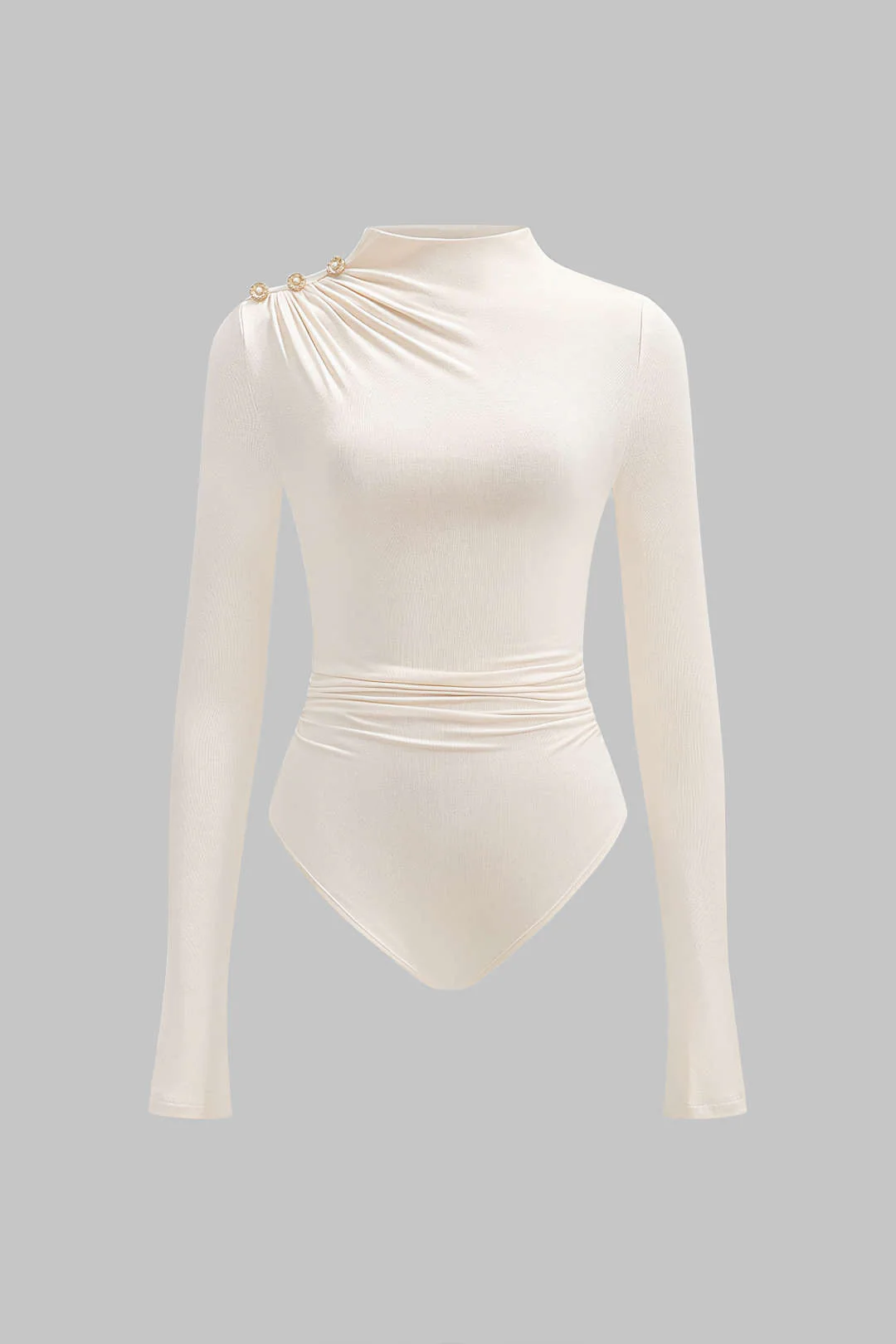 Asymmetrical Button Ruched Long Sleeve Bodysuit - Image 3