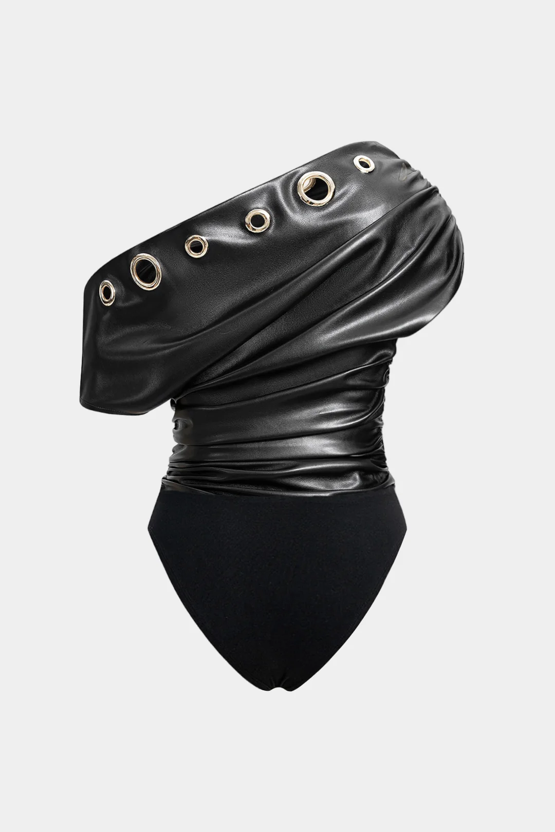 Faux Leather Patchwork Eyelet Decor Asymmetrical One Shoulder Bodysuit - Image 2