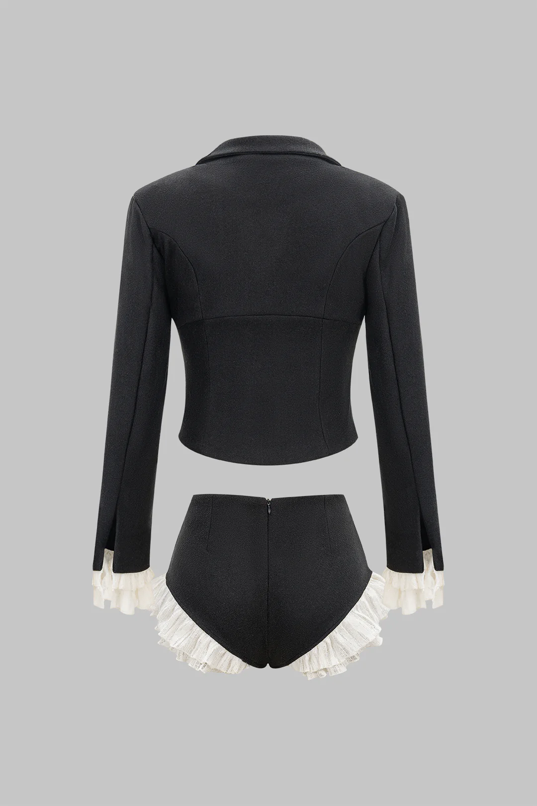 Woolen Patchwork Zipper Collar Top And Scallop Edge Shorts Set - Image 2