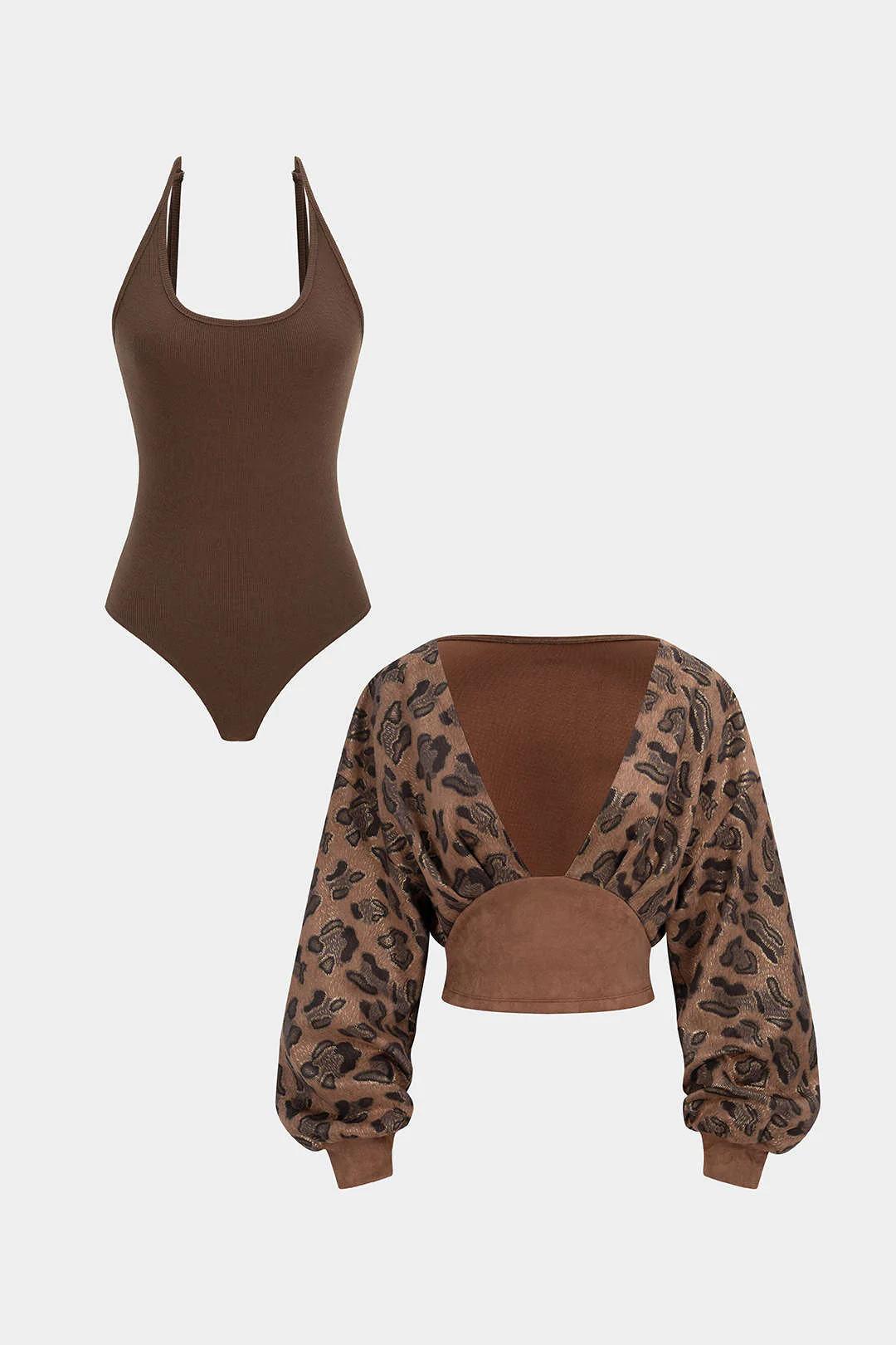 Leopard Print Suede Patchwork Halter Neck Long Sleeve Bodysuit - Image 2