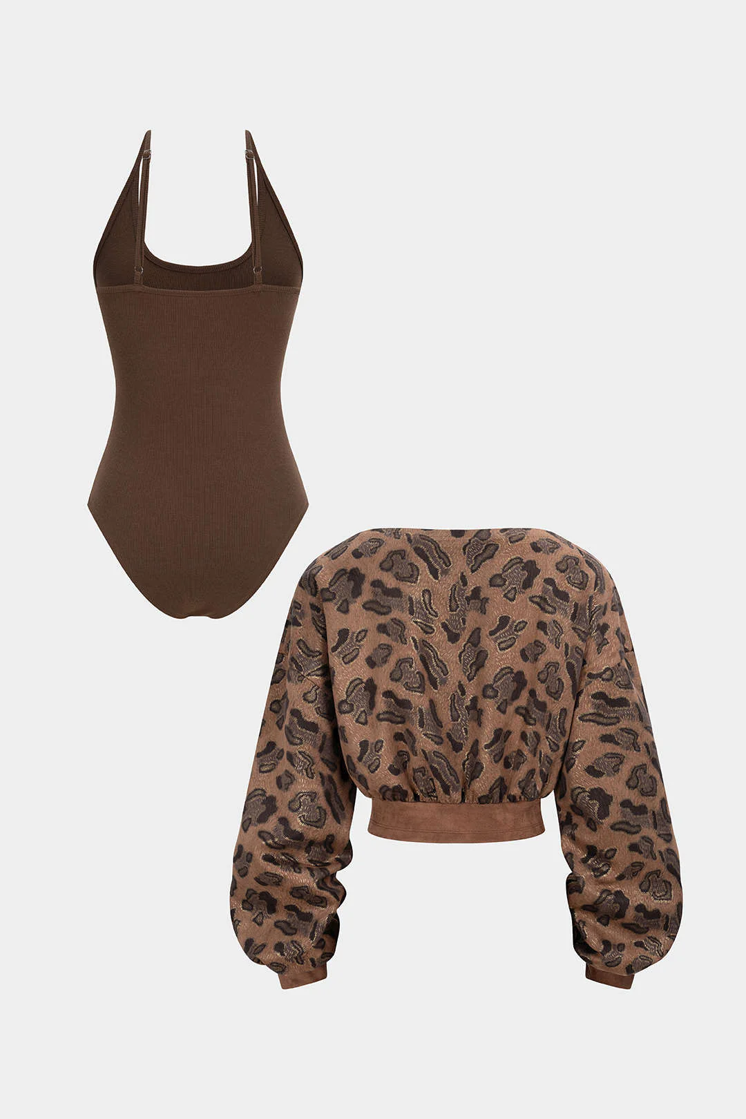 Leopard Print Suede Patchwork Halter Neck Long Sleeve Bodysuit - Image 3