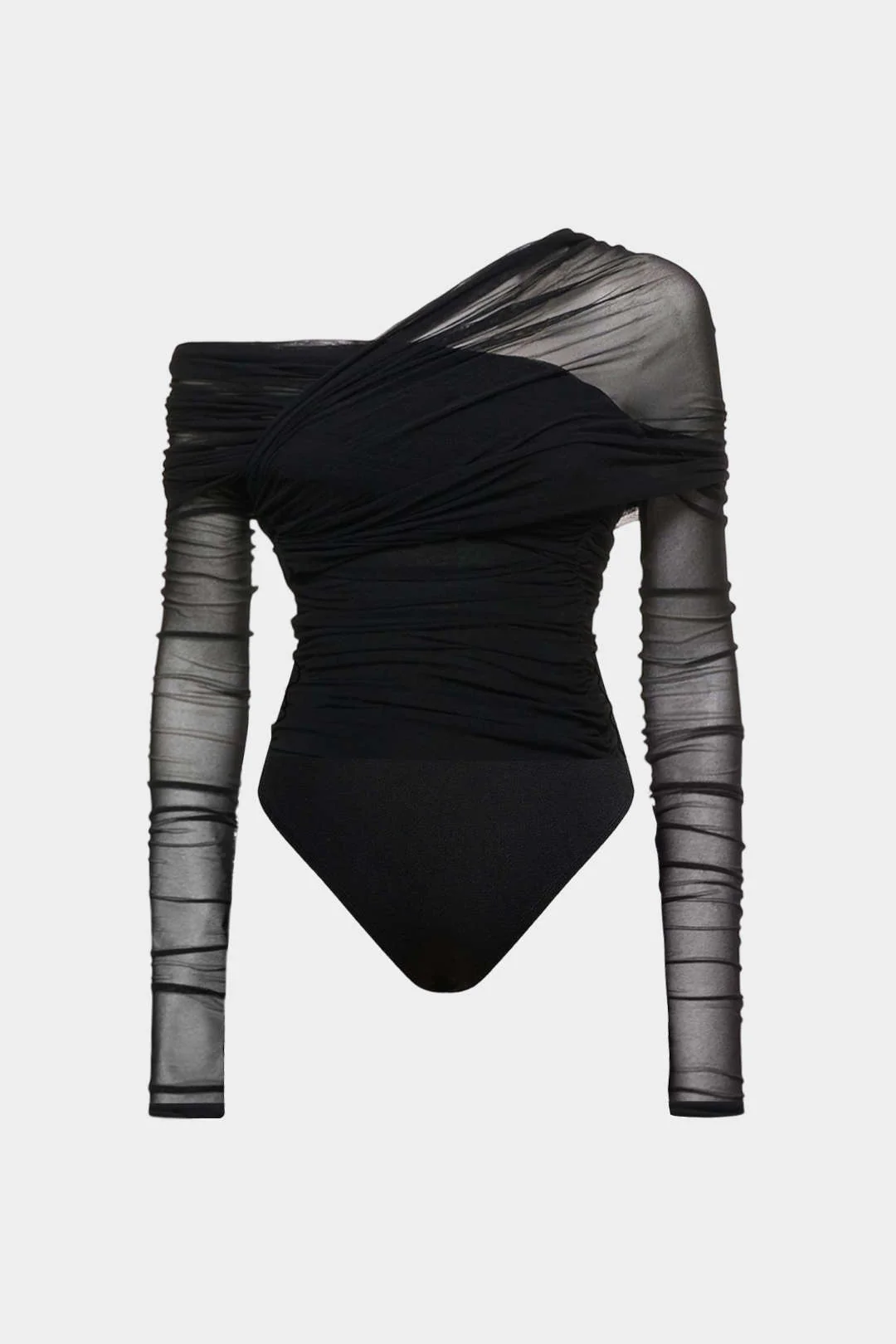 Mesh Ruched One Shoulder Asymmetrical Corssed Ruched Bodysuit - Image 3