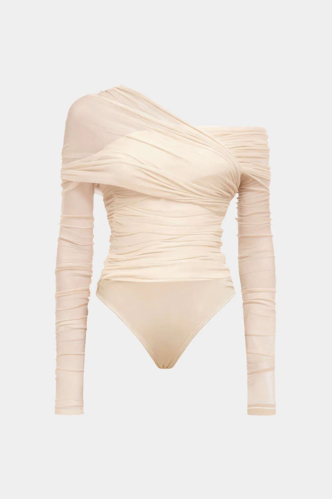 Mesh Ruched One Shoulder Asymmetrical Corssed Ruched Bodysuit - Image 4