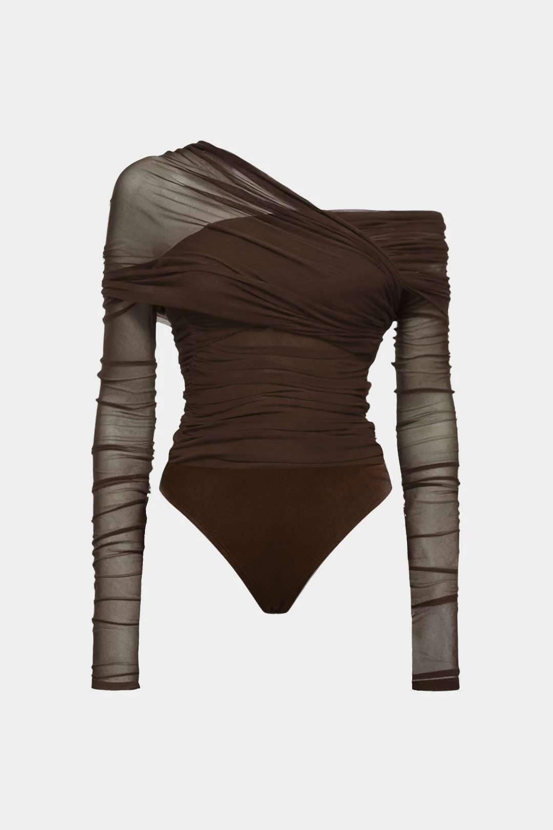 Mesh Ruched One Shoulder Asymmetrical Corssed Ruched Bodysuit - Image 5