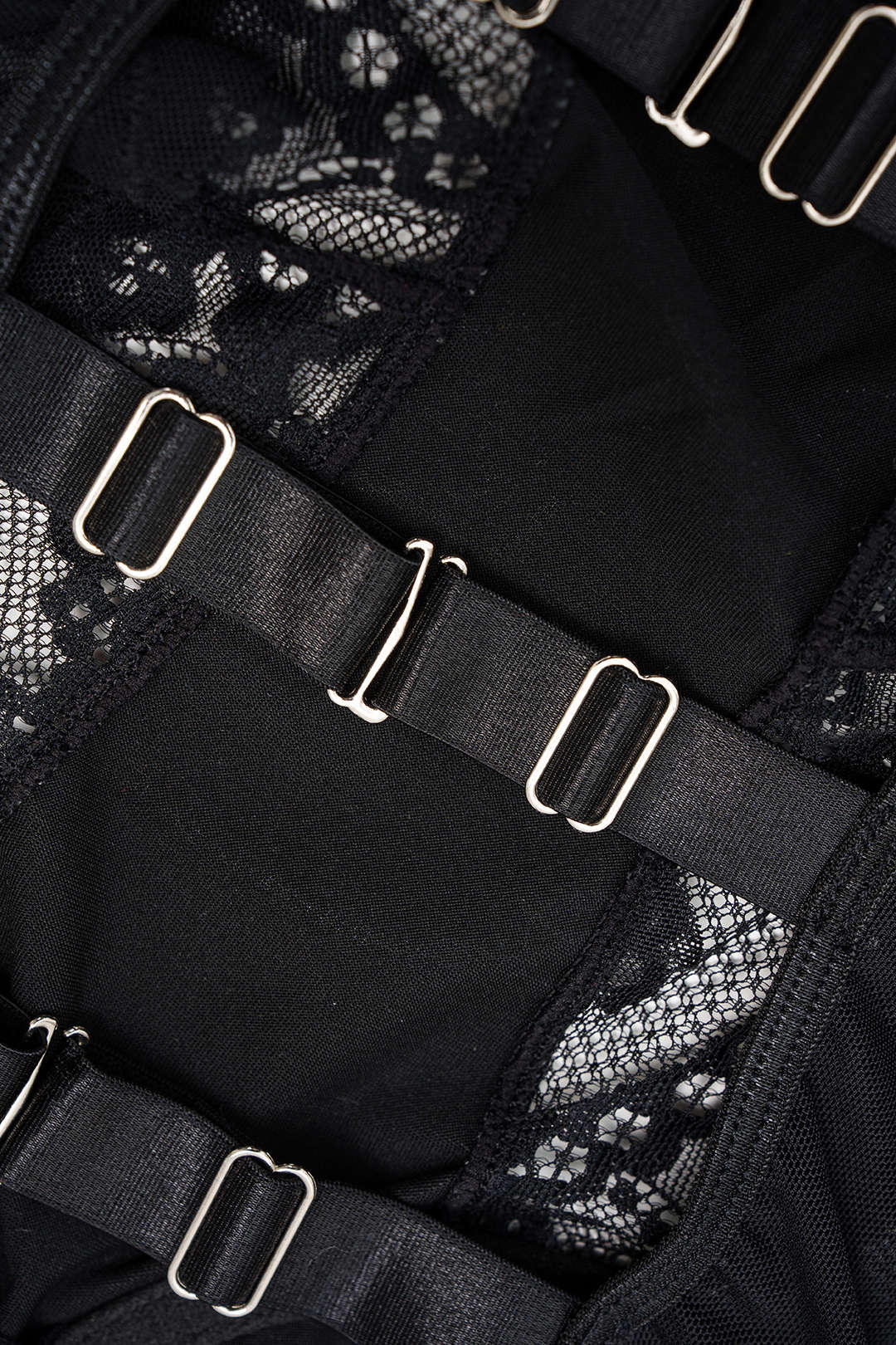 Faux Leather Patchwork Mesh Lace Trim Bodycon Sleeveless Bodysuit - Image 3