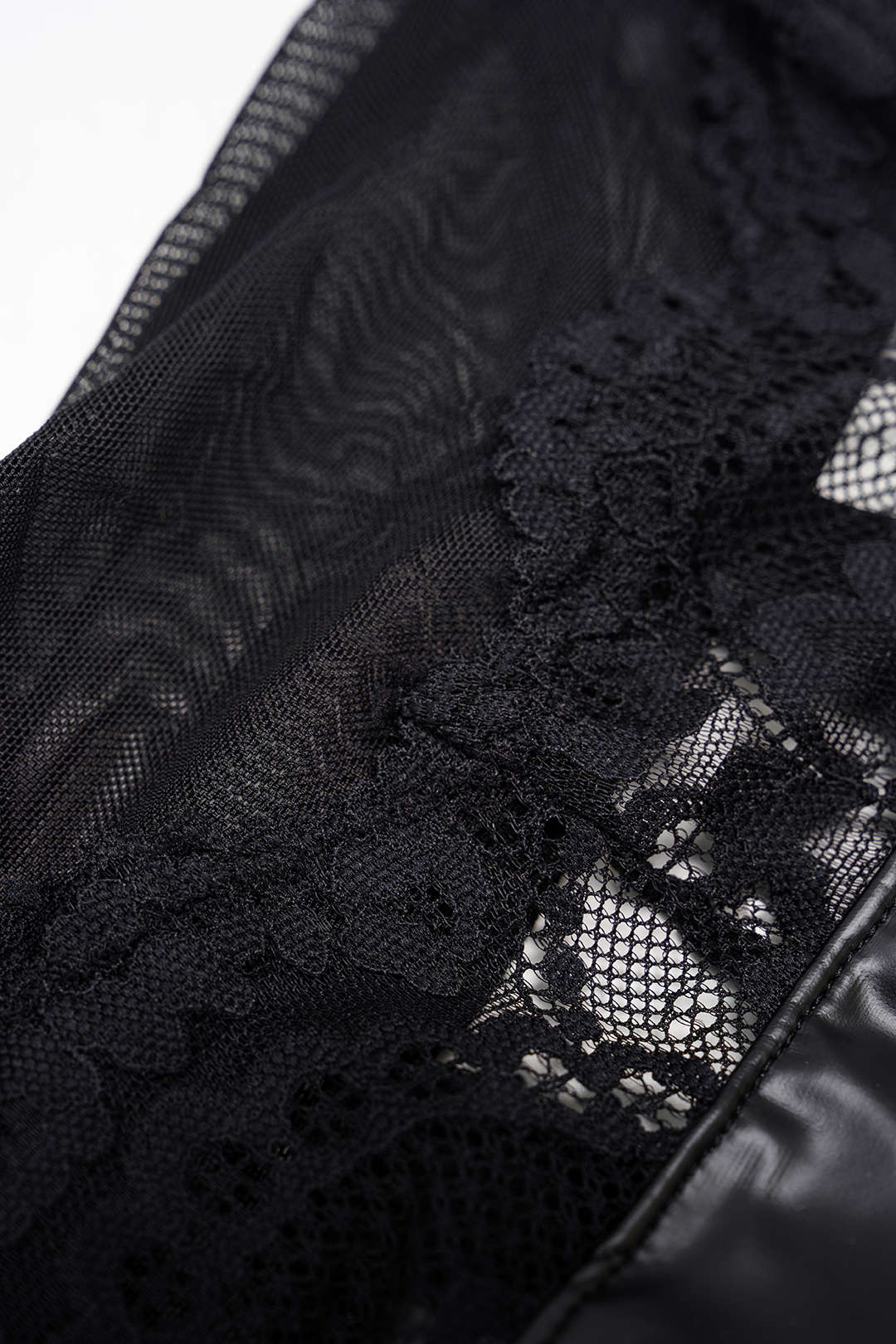 Faux Leather Patchwork Mesh Lace Trim Bodycon Sleeveless Bodysuit - Image 5