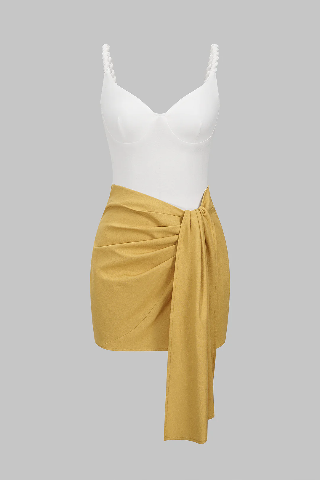 Linen Patchwork Twist Knot Ruched Sleeveless Bodysuit And Asymmetrical Tie-Up Skirt Set